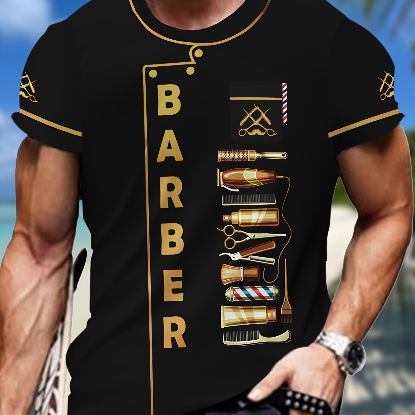 

Men's Barber Graphic Print T-shirt, Short Sleeve Crew Neck Tee, Men's Clothing For Summer Outdoor