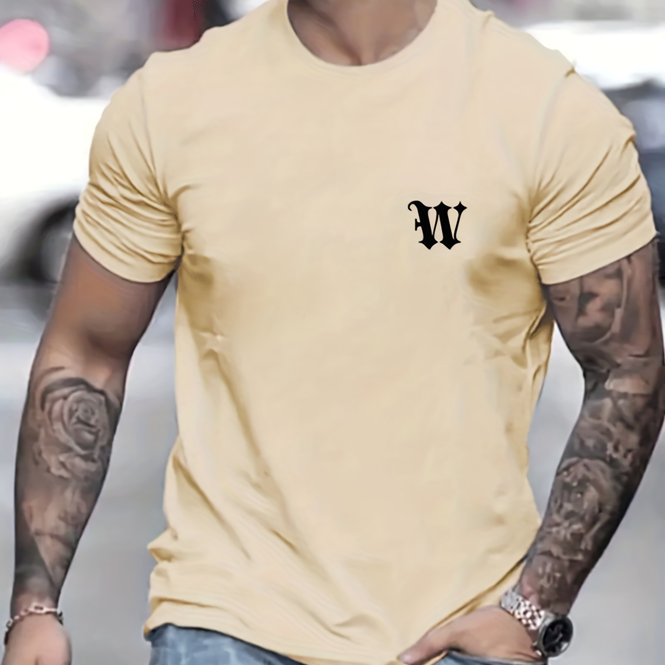 

Letter W Print T-shirt, Men's Casual Street Style Stretch Round Neck Tee Shirt For Summer