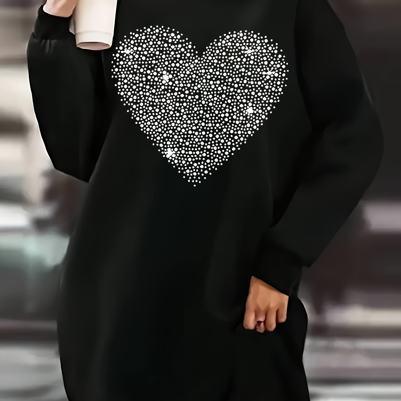 

Women's Plus Size Sweatshirt Dress, Casual Loose Fit Long Sleeve Round Neck, Knitted Heart Print, Stretchy Polyester, Autumn/, Black