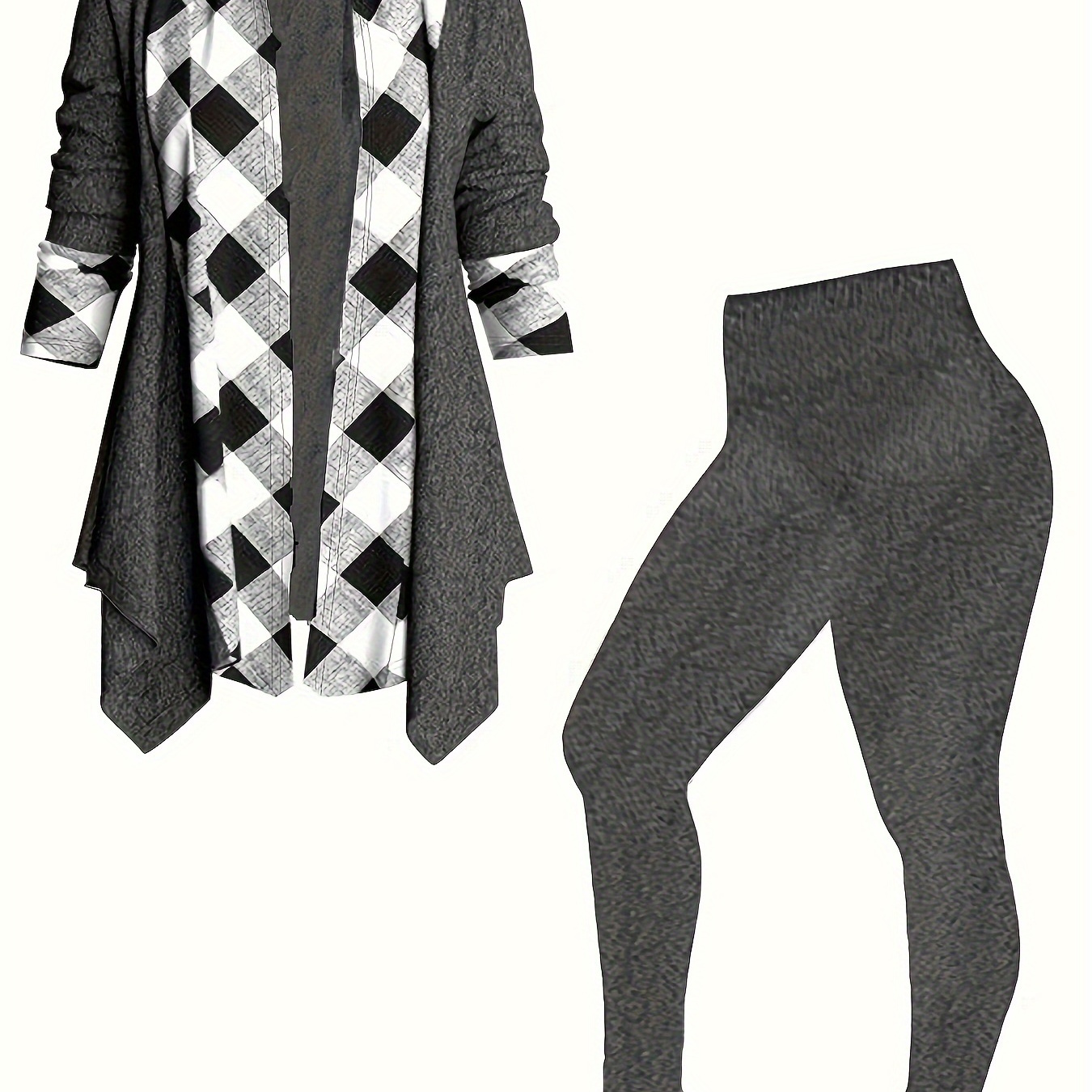 

Plus Size Colorblock Two-piece Set, Plaid Print Paneled Long Sleeve Top & Slim Pants Outfits, Women's Plus Size Clothing