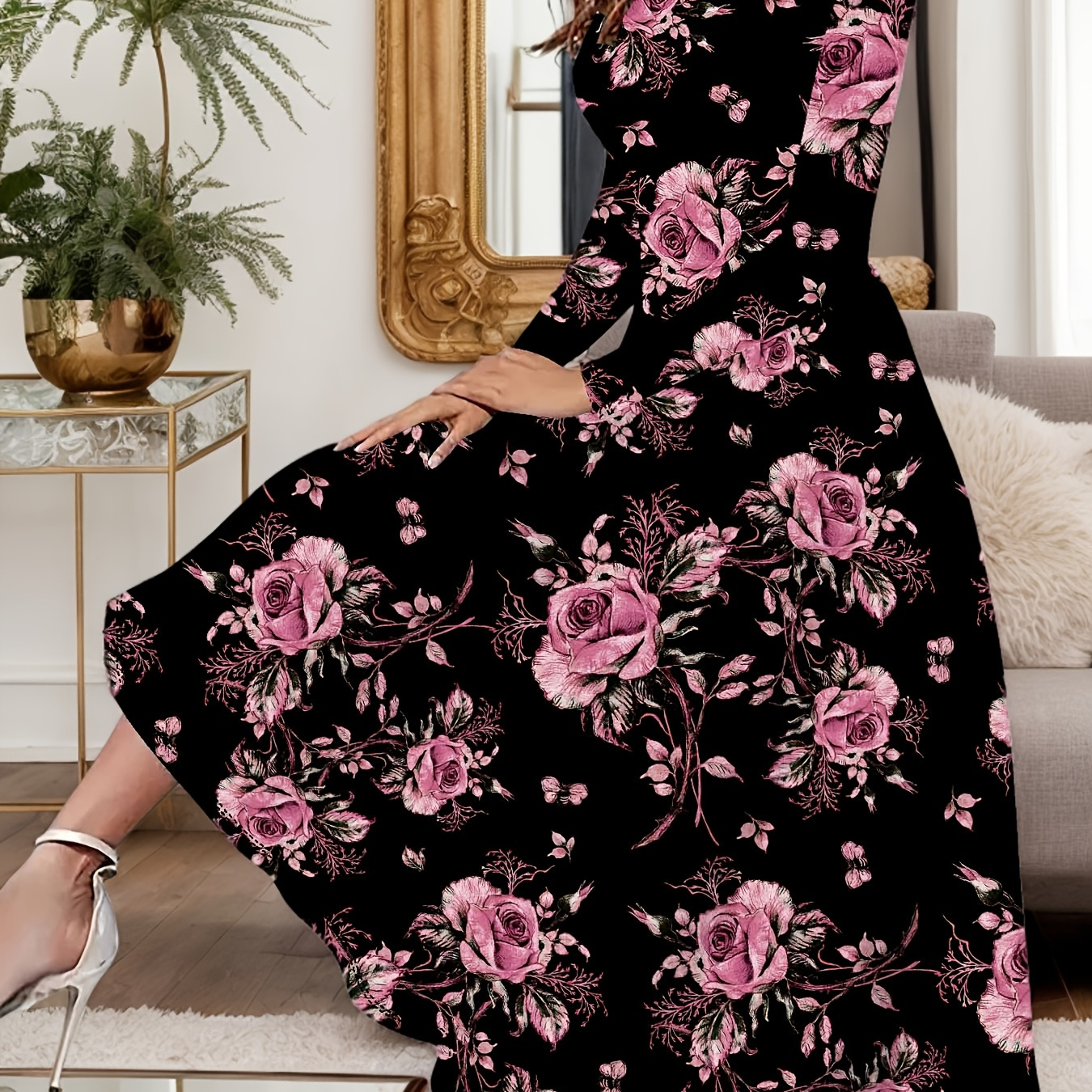 

1pc Elegant Floral Print Plus Size Dress - Polyester Fit And Flare Long Sleeve Crew Neck Dress With Medium Stretch Knit Fabric For All