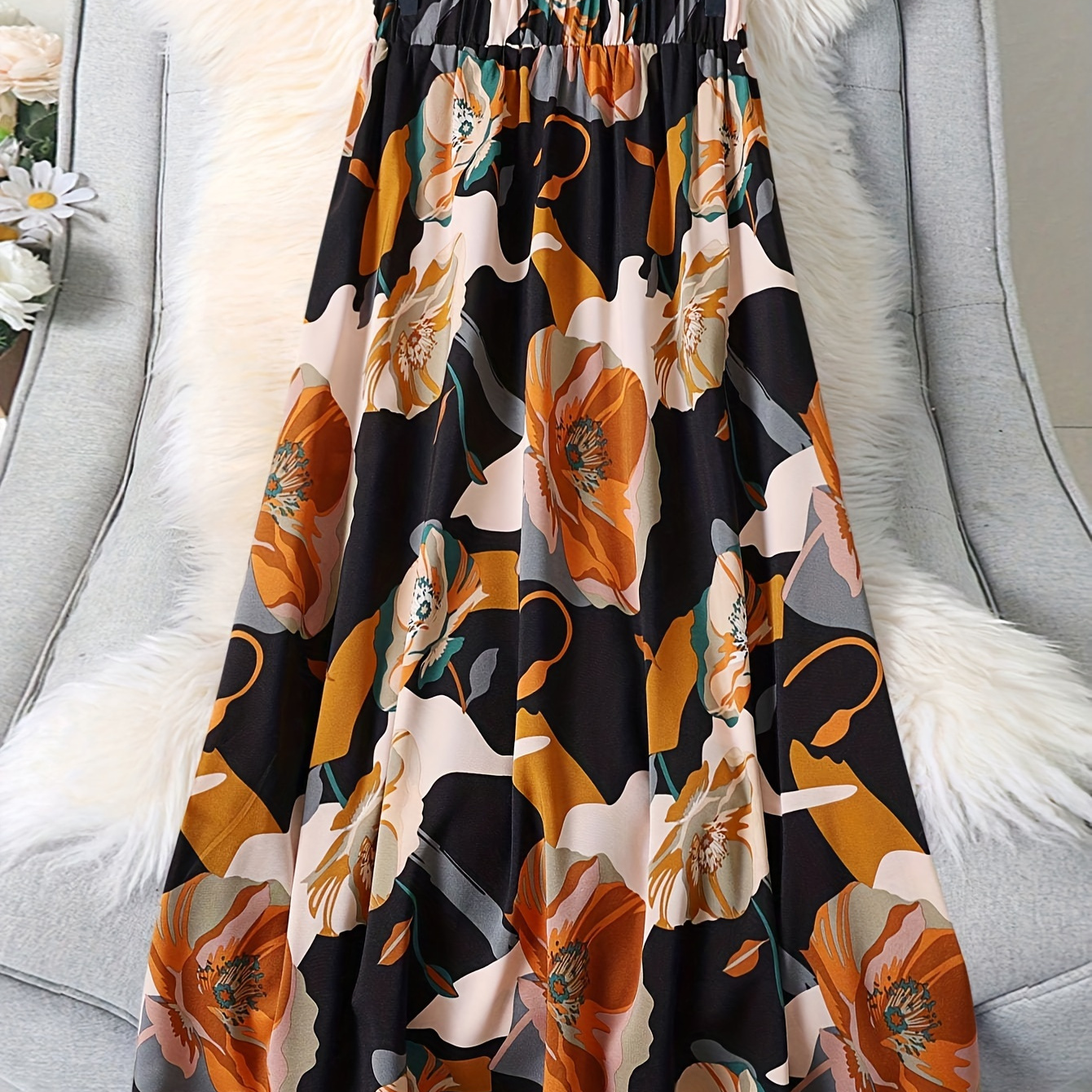

Floral Print Elastic Waist Skirt, Elegant Ruffle Hem Swing Skirt For Spring & Summer, Women's Clothing
