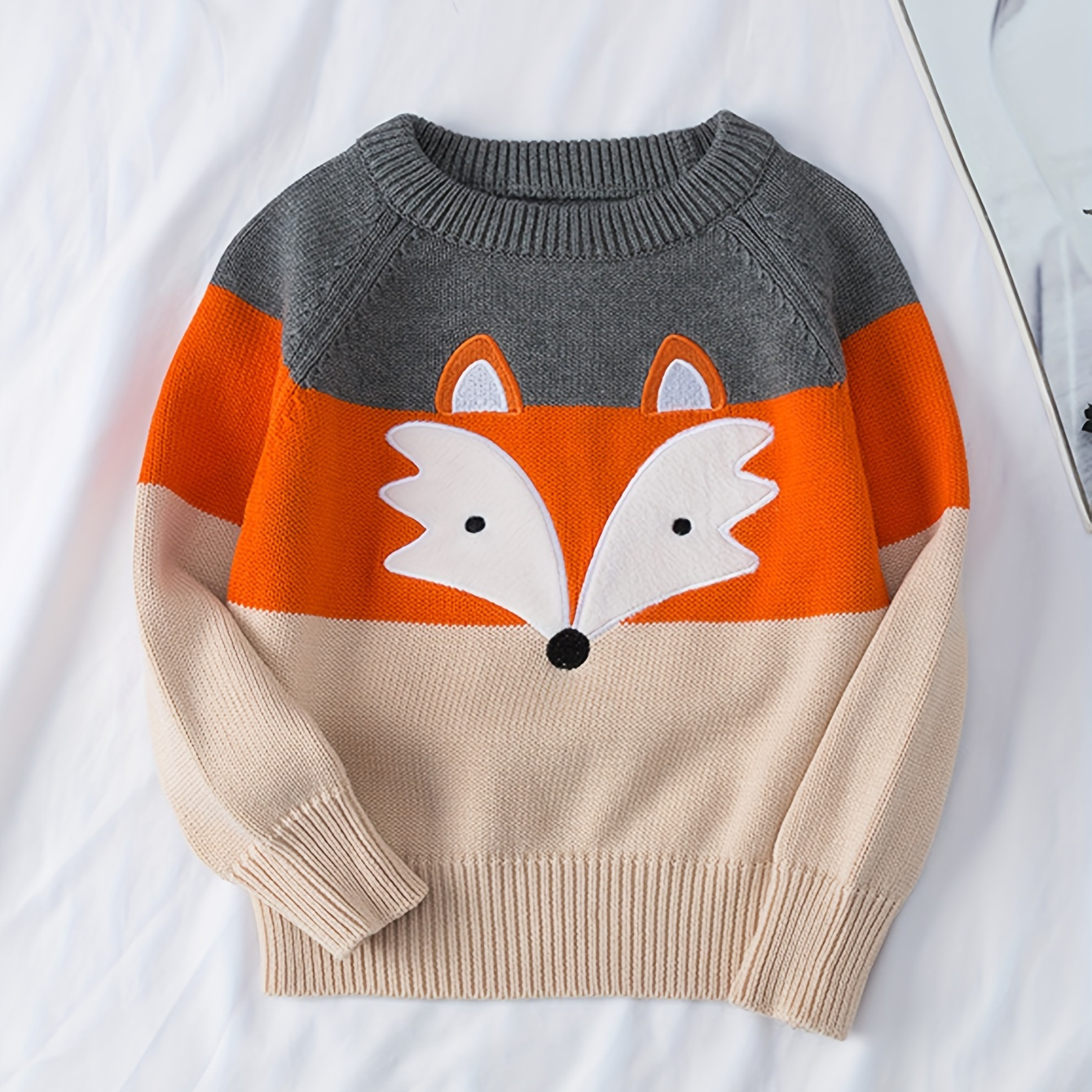 

Boys Casual Pullover Sweater, Color Block Fox Embroidered Crew Neck Top For Spring Fall