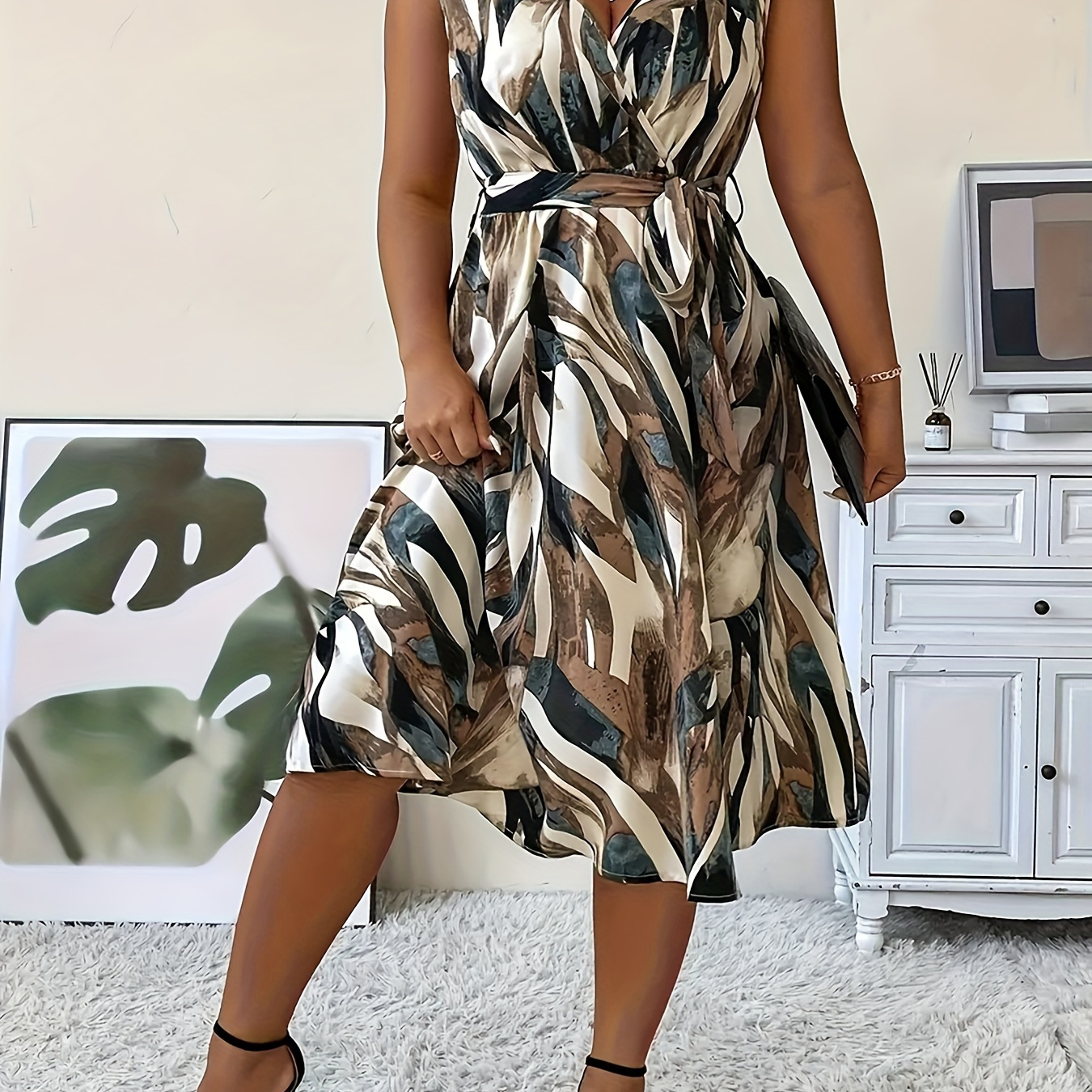 

Plus Size Print Dress, Elegant Surplice Neck Sleeveless Belted Dress, Women's Plus Size Clothing