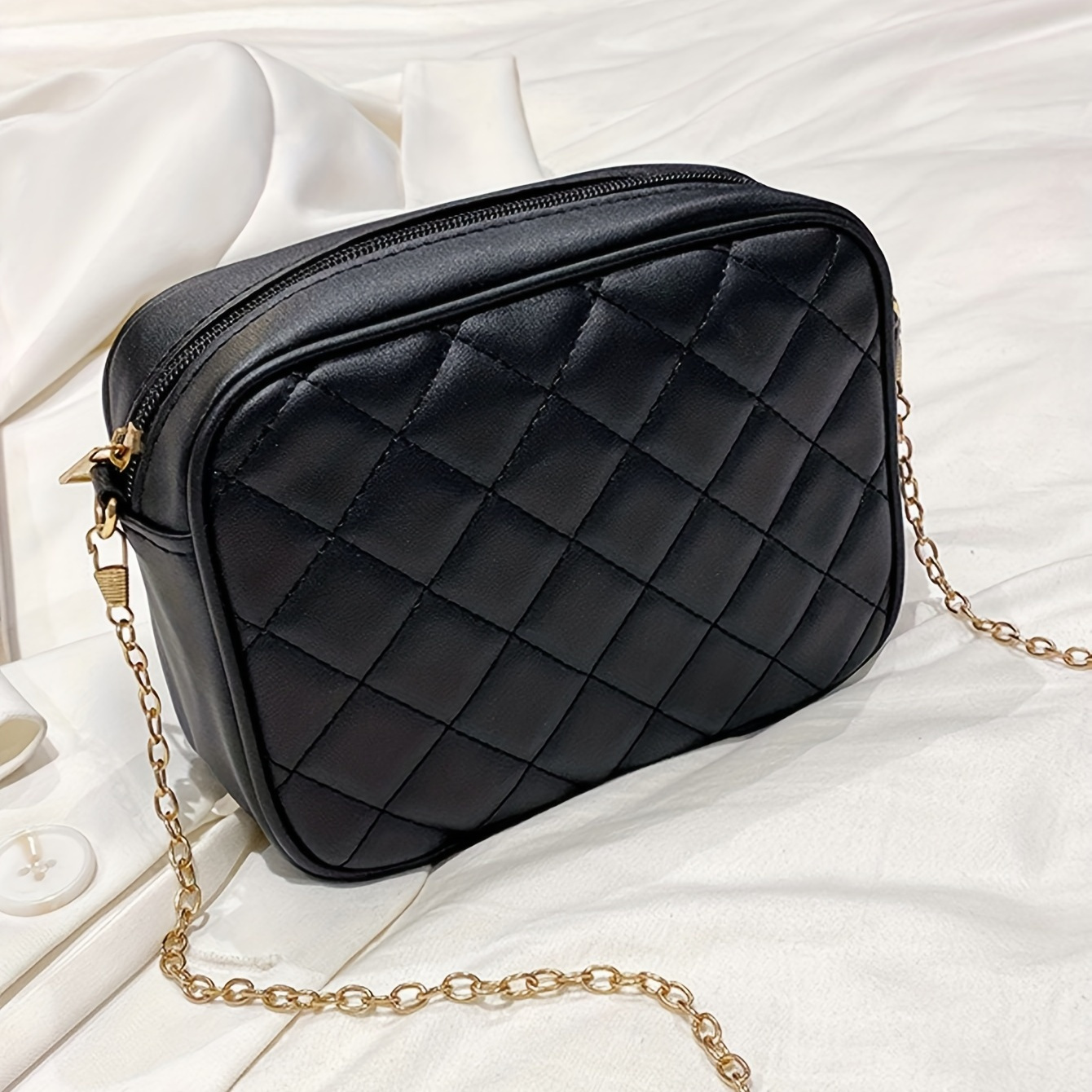 Mini Black Soft Vegan Leather Crossbody Bag Diamond Lattice 