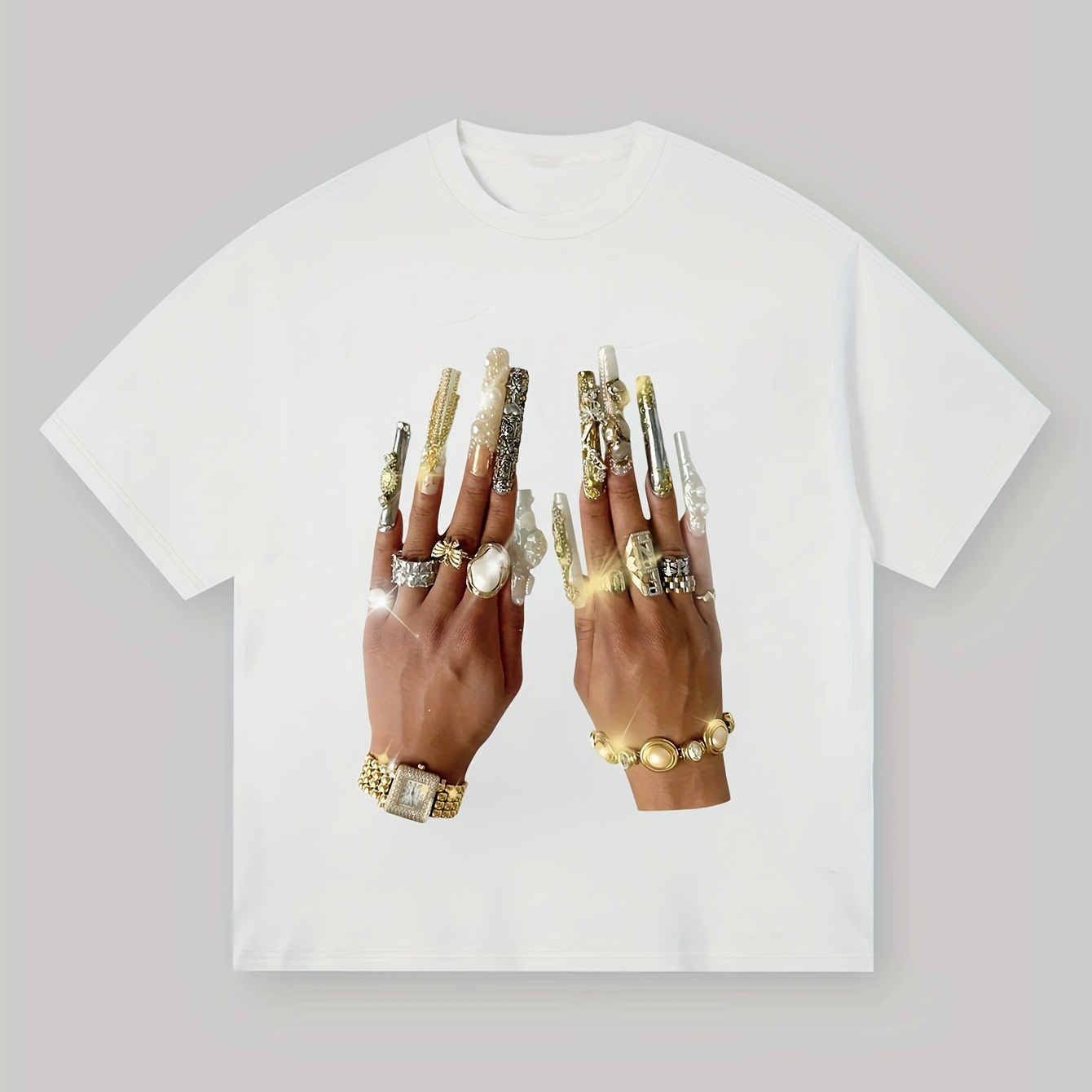 

Hands Print Crew Neck T-shirt, Casual Short Sleeve T-shirt For Spring & Summer, Women's Clothing