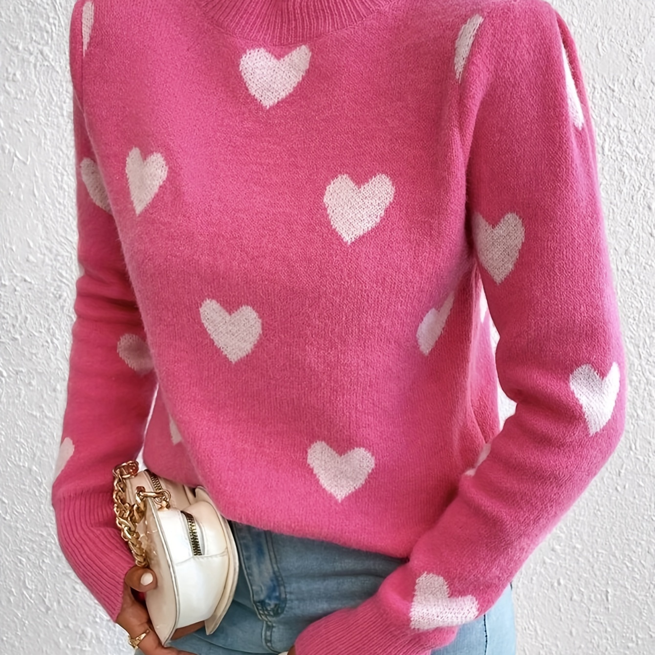 

Heart Pattern Crew Neck Sweater, Casual Long Sleeve Pullover Sweater, Women's Clothing