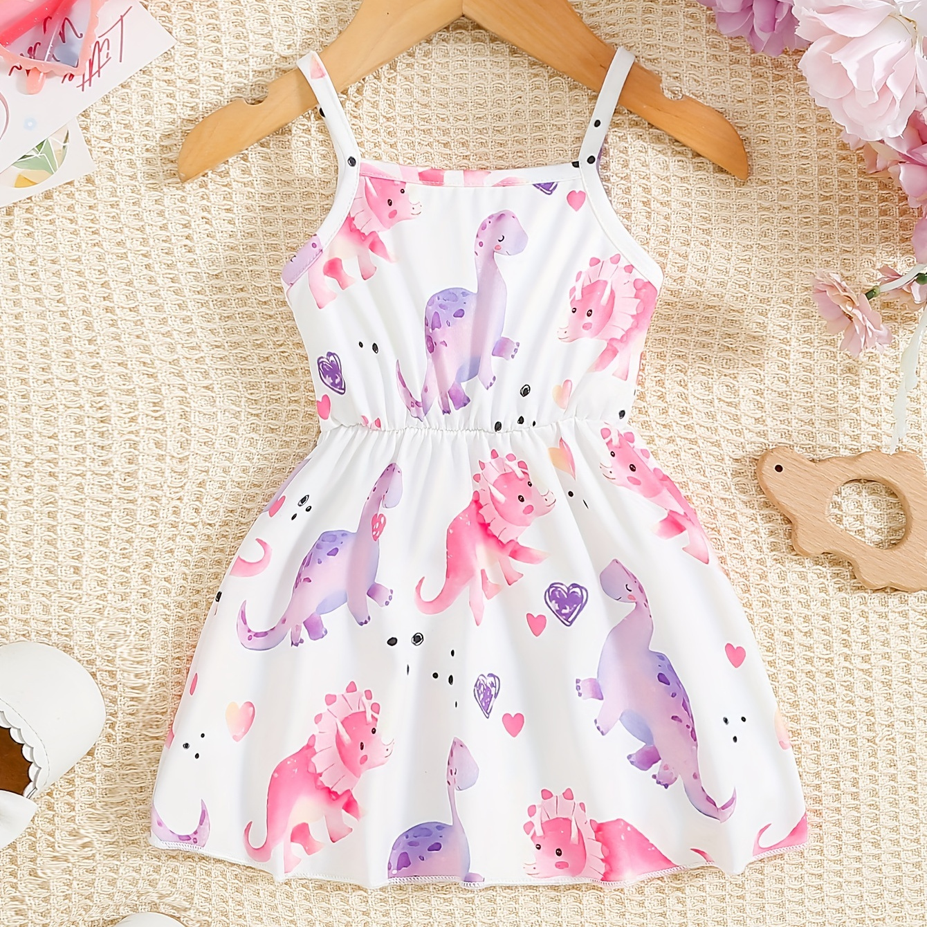 

Baby's Color Clash Cartoon Dinosaur Pattern Cami Dress, Casual Sleeveless Dress, Infant & Toddler Girl's Clothing For Summer, As Gift