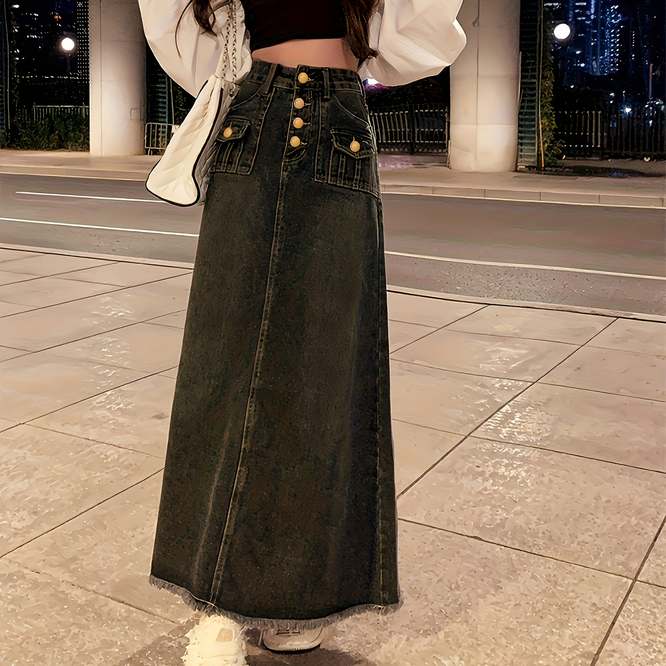 high waist loose fitting high end slit denim skirt women - Temu Oman