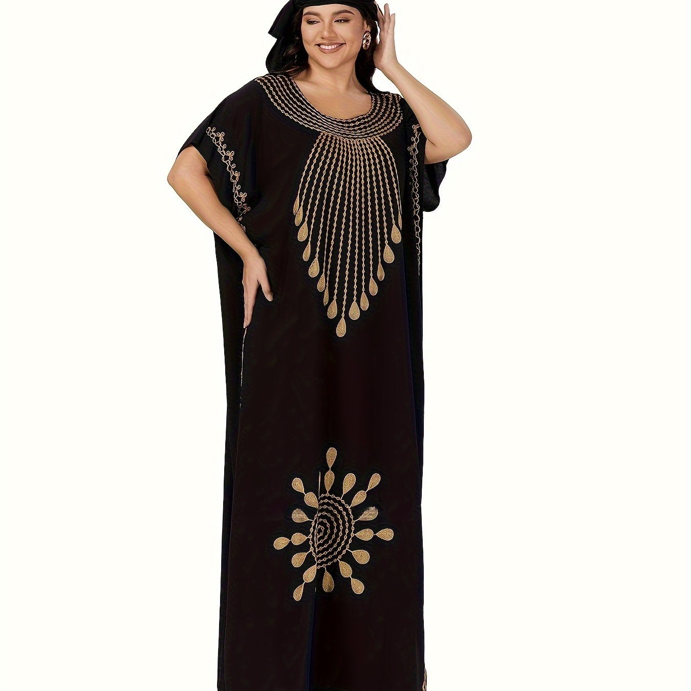 Plus Size Elegant Abaya Dress, Women's Plus Tribal Print Bat Sleeve Round Neck Drop Shoulder Split Kaftan Dress