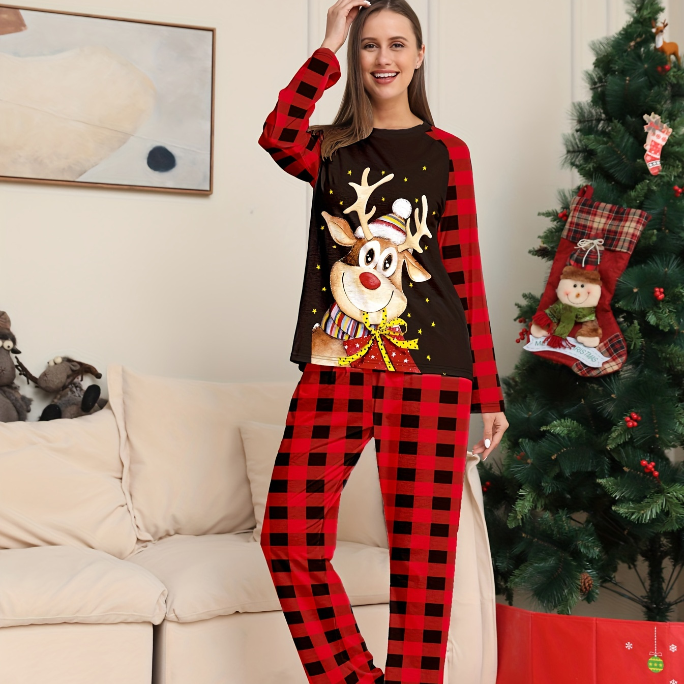 

Christmas Elk Print Pajama Set, Long Sleeve Crew Neck Top & Plaid Pants, Women's Sleepwear & Loungewear
