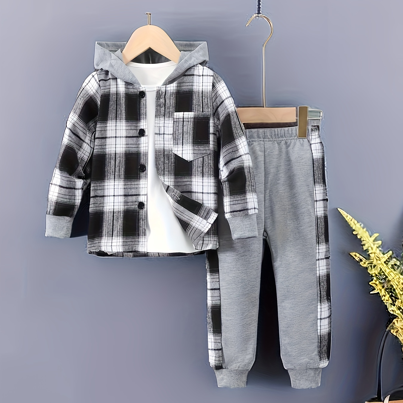 TEMU 2pcs Baby's Plaid Pattern Hooded Shirt Set, Casual Shirt & Pants, Baby Boy's Clothing, As Gift