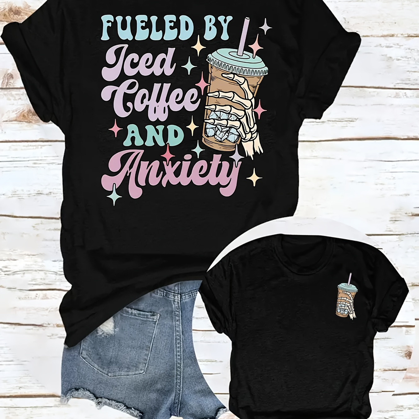 

Plus Size Coffee & Anxiety Print T-shirt, Casual Short Sleeve Crew Neck Top For Spring & Summer, Women's Plus Size Clothing