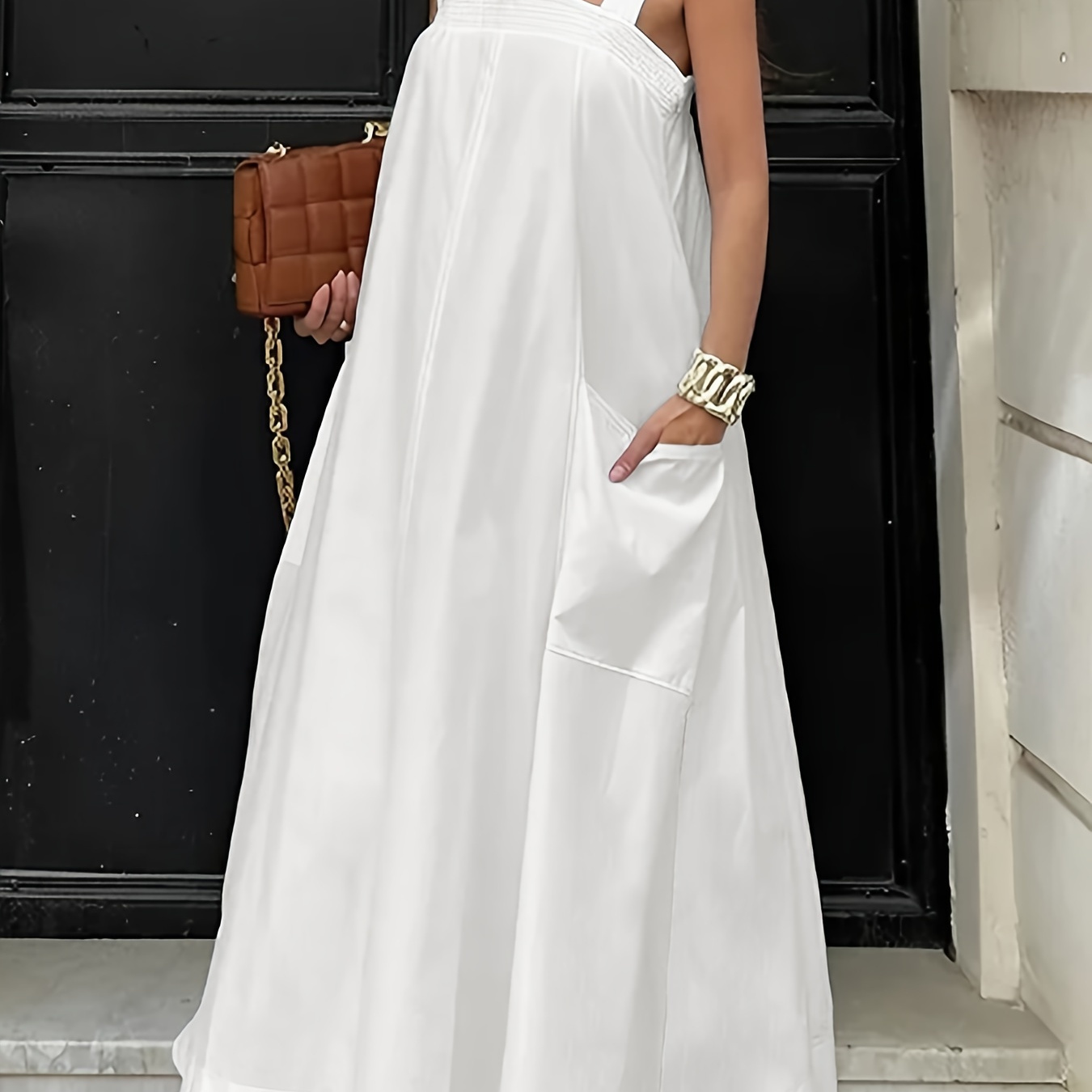 

Square Neck Loose With Pocket Dress, Elegant Sleeveless Cami Dress For Spring & Summer, Women's Clothing