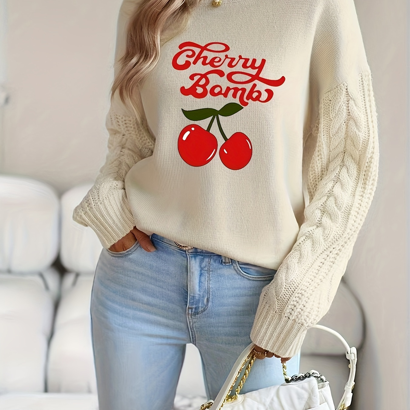 

Print Sweater For Women - Fashion Style, Polyester Knit Fabric, Round Neck, Long Sleeve, Alphabet Pattern, Autumn/winter Collection