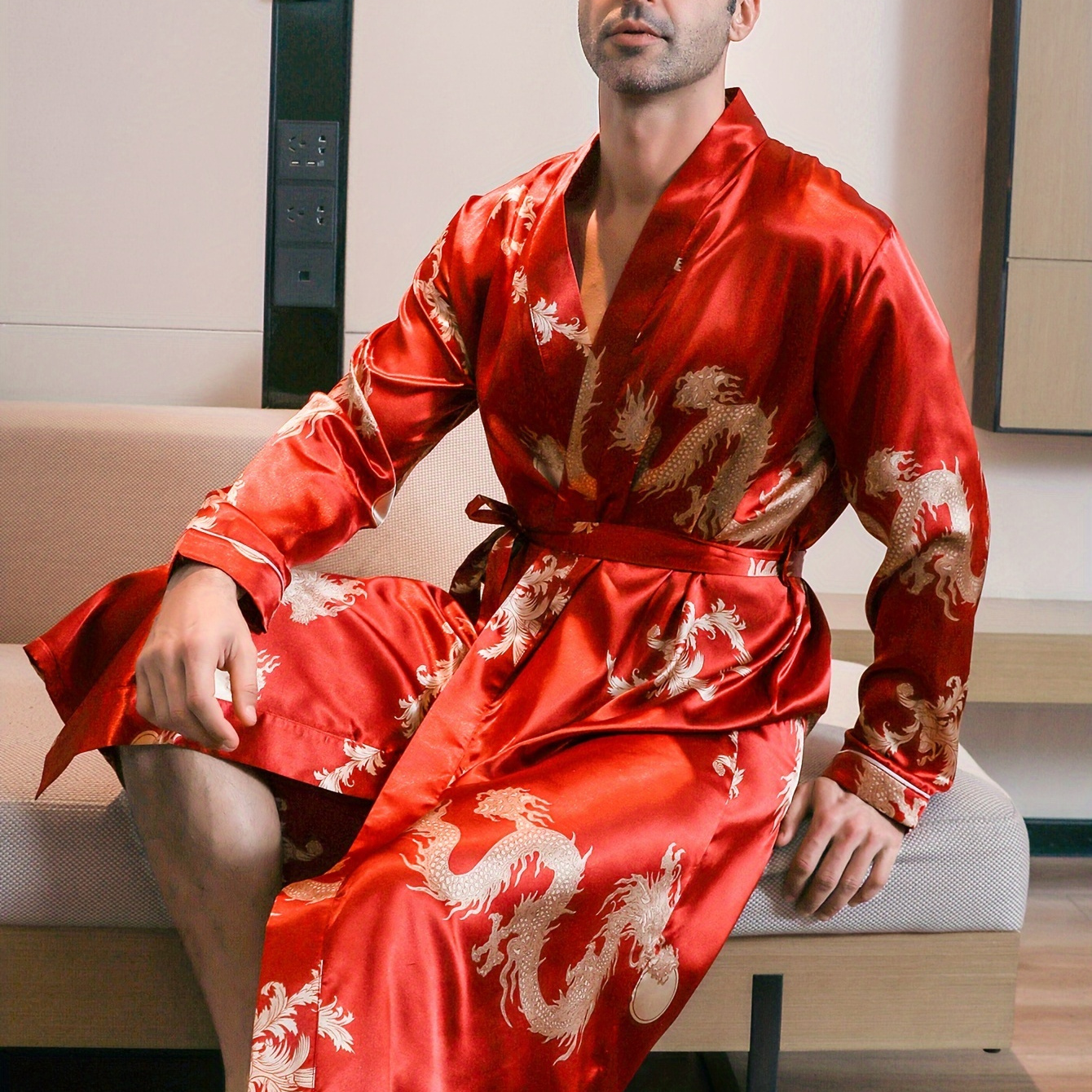 

Men's Long-sleeve Lightweight Robe With A Print, Suitable For Wearing As Loungewear Or Pajamas In All .