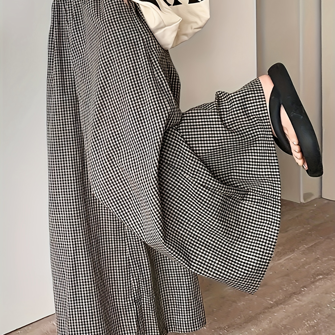 

Plaid Print Wide Leg Pants, Casual High Elastic Waist Loose Pants For Spring & Summer, Women's Clothing