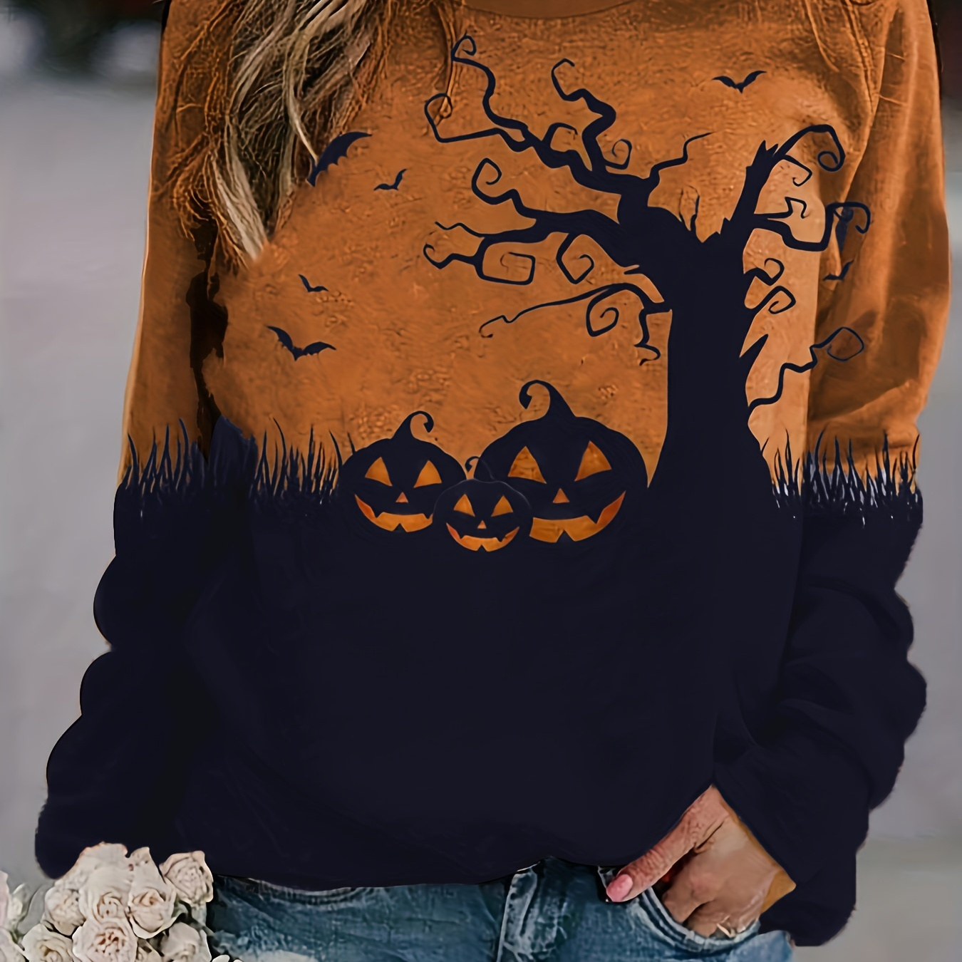

Halloween Print Crew Neck Sweatshirt, Casual Long Sleeve Raglan Shoulder Sweatshirt, Women's Clothing
