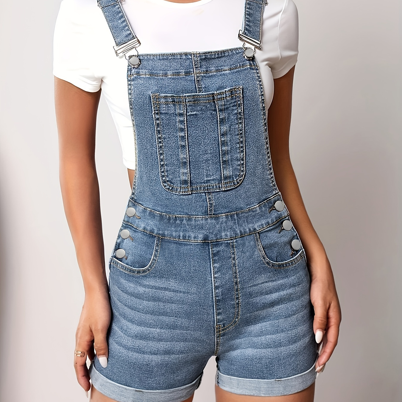 Blue Slim Fit Denim Jumpsuits, Rolled Hem Slight-Stretch Patch Pockets Casual Denim Overalls, Women's Denim Clothing