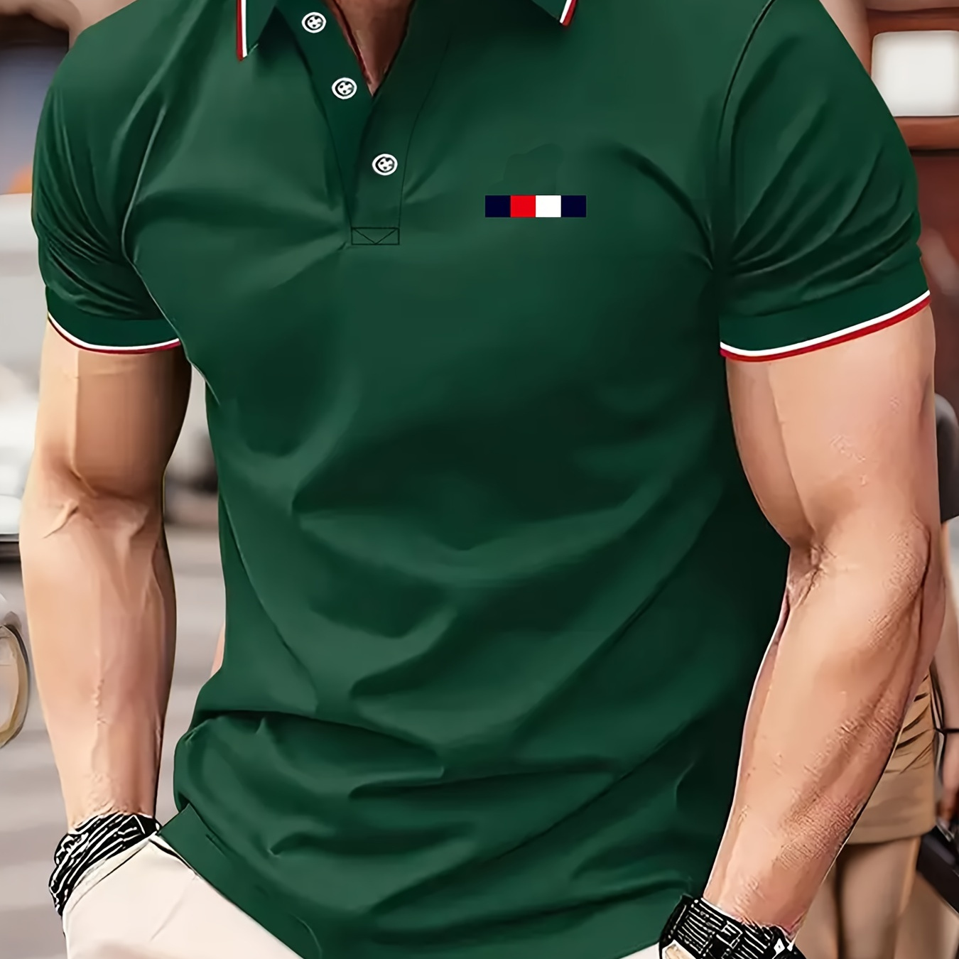 

Line With Different Colors Print Men's Summer Lapel Golf Shirt, Breathable Slight Stretchy Short Sleeve Top With Button Details, Regular Fit, Suitable For Business & Daily Workout