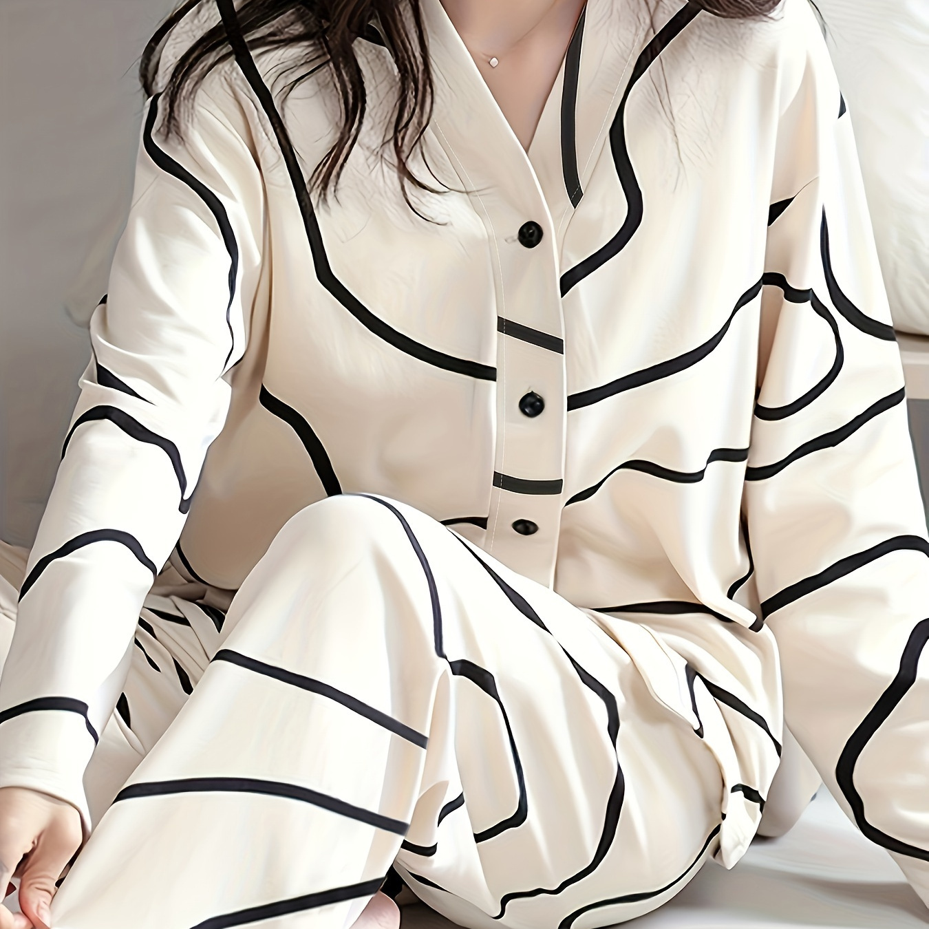 

Women's Trendy Lounge Set, Long Sleeve Top With Waist Pants, Casual Abstract Print Sleepwear Set For Fall/ Winter