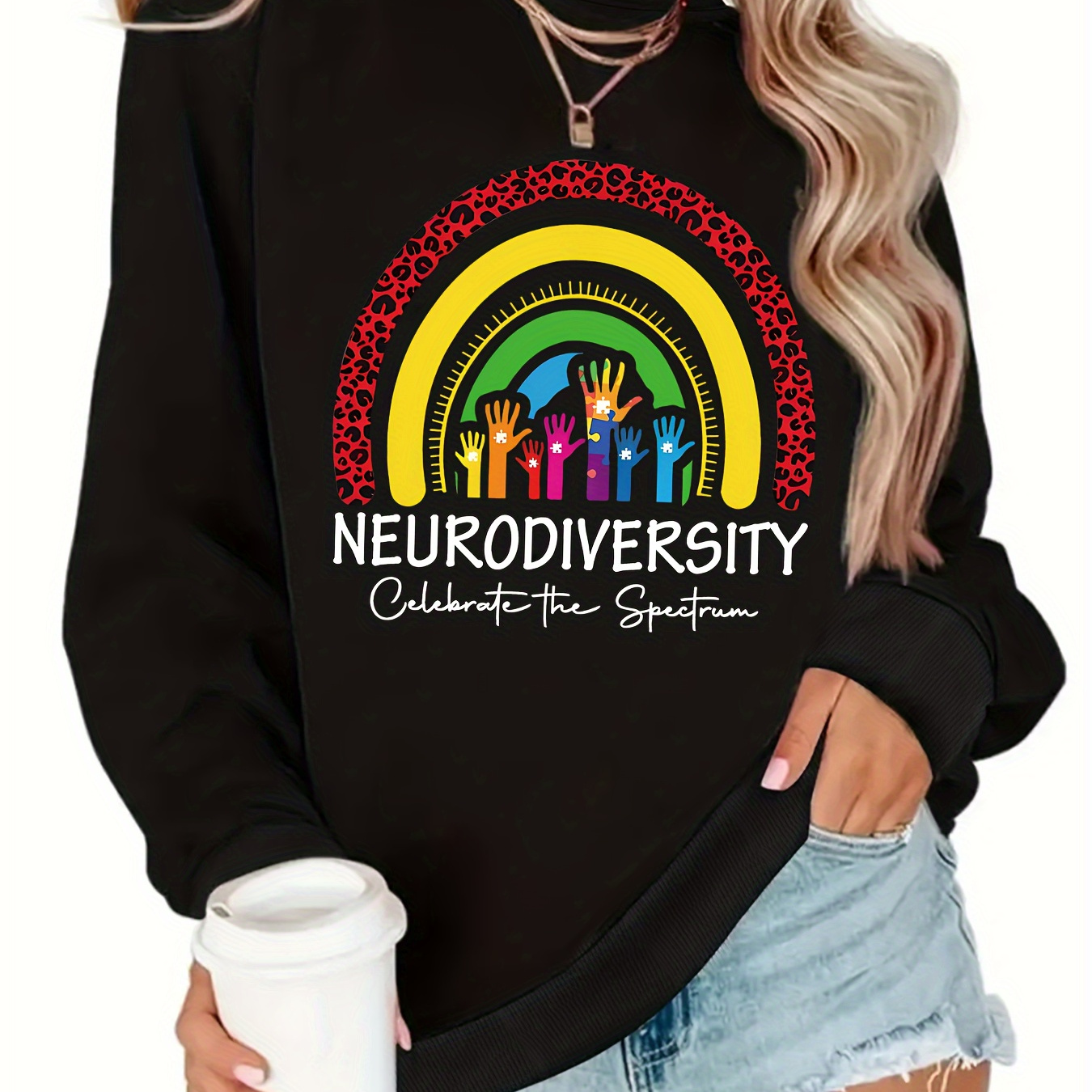 

Rainbow & Neurodiversity Letter Print Sweatshirt, Casual Crew Neck Long Sleeve Sweatshirt, Women's Clothing