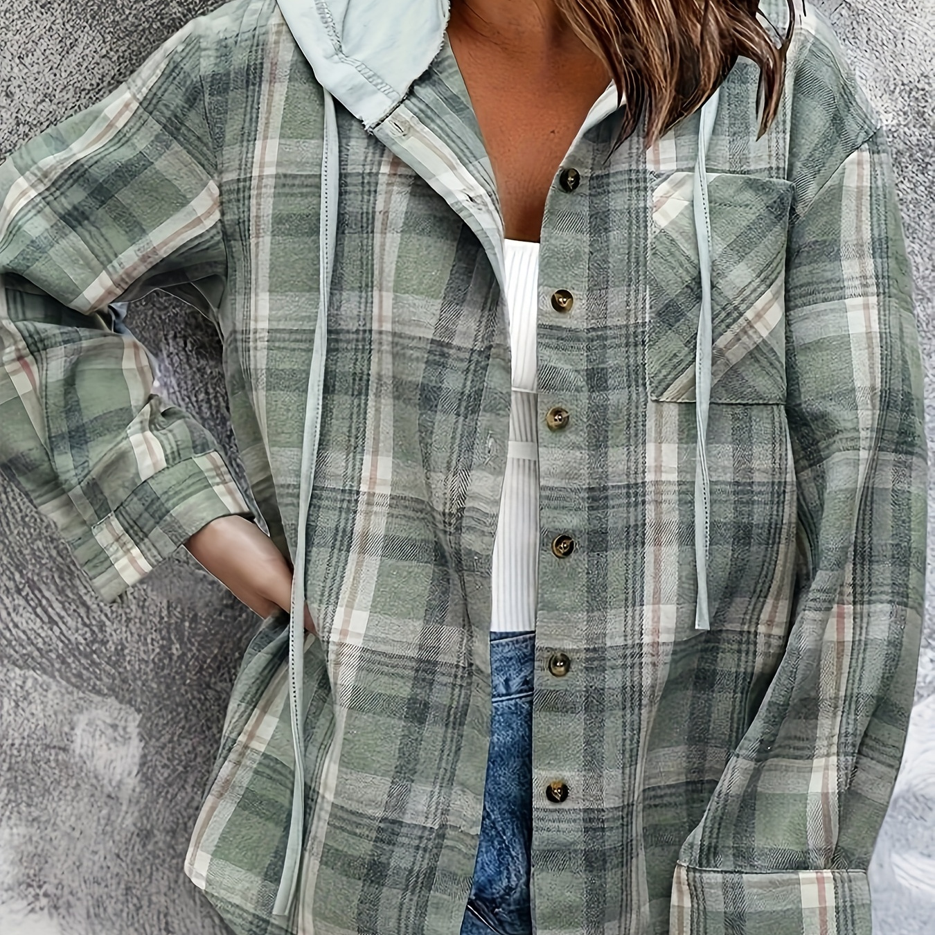 

Plaid Print Button Front Hoodie Shacket Jacket, Casual Long Sleeve Breast Pocket Drawstring Jacket For Spring & Fall, Women's Clothing