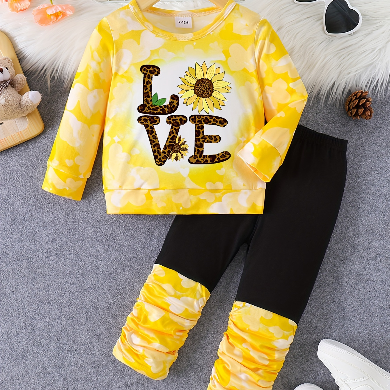 

Baby Girl Cartoon Sunflower Letter Printed Round Neck Long Sleeve T-shirt Long Pants Casual Suit