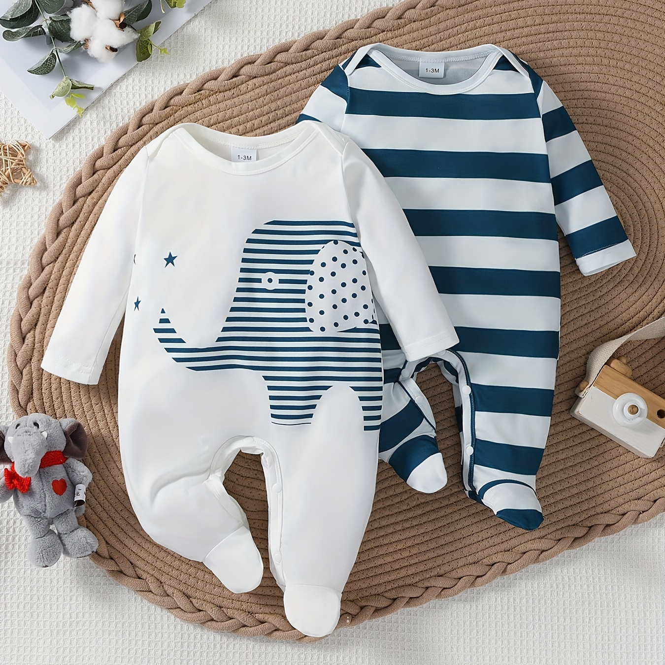 

2pcs Baby Boys Cartoon Elephant & Striped Pattern Footed Romper Set, Comfortable Cute Casual Infants Newborns Clothes