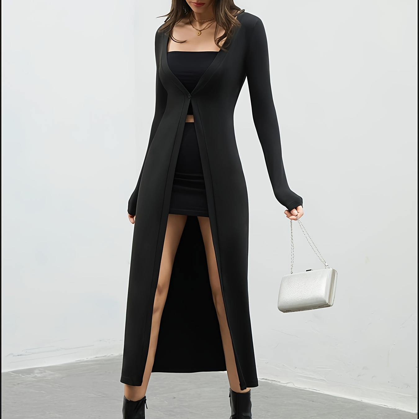 

Cardigan Long Élégant en - Ouvert sur le Devant, Couleur Unie, Tissu Extensible, Lavable en Machine - Parfait pour /Été/Automne