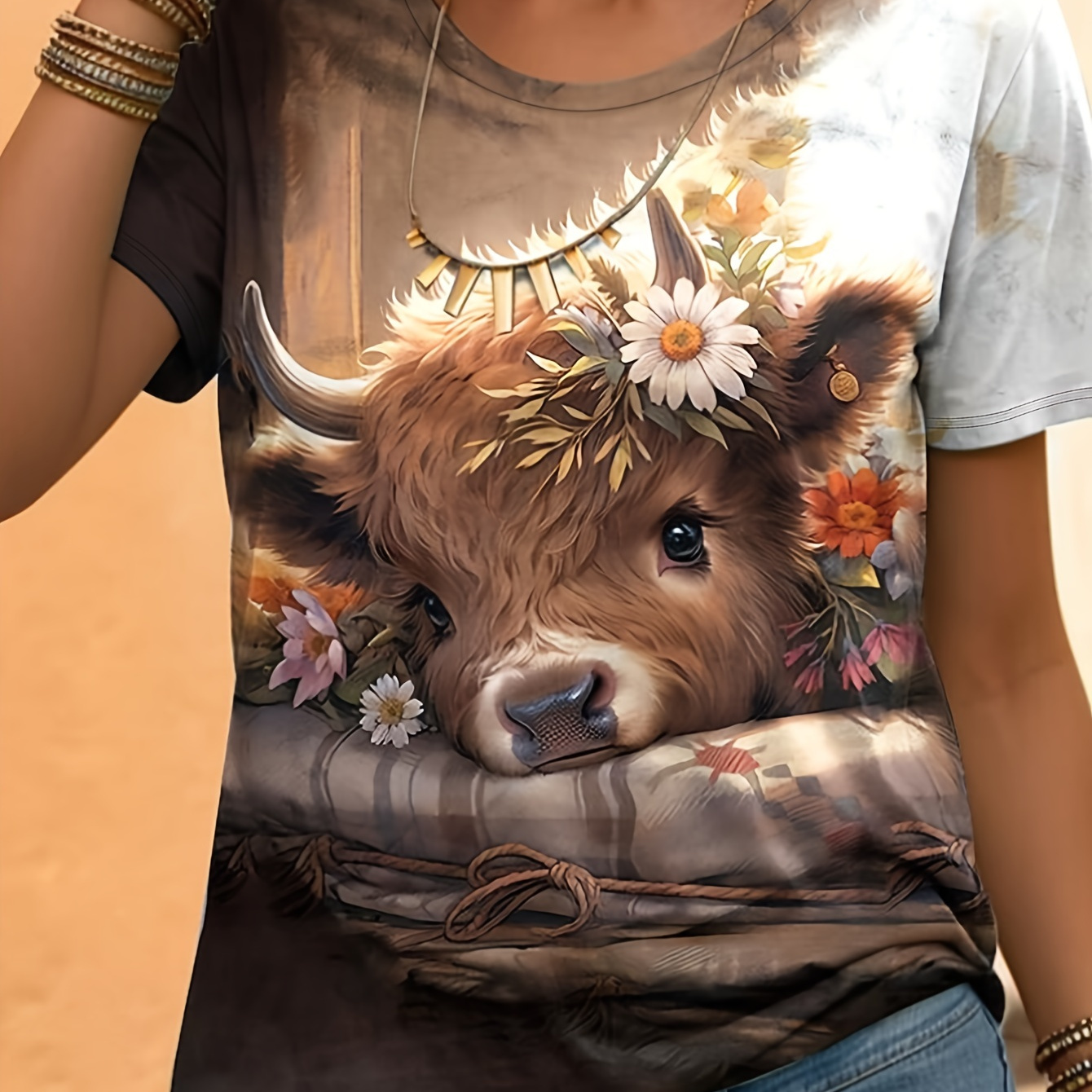 

Cow & Floral Print T-shirt, Casual Short Sleeve Crew Neck Top For Spring & Summer, Women's Clothing