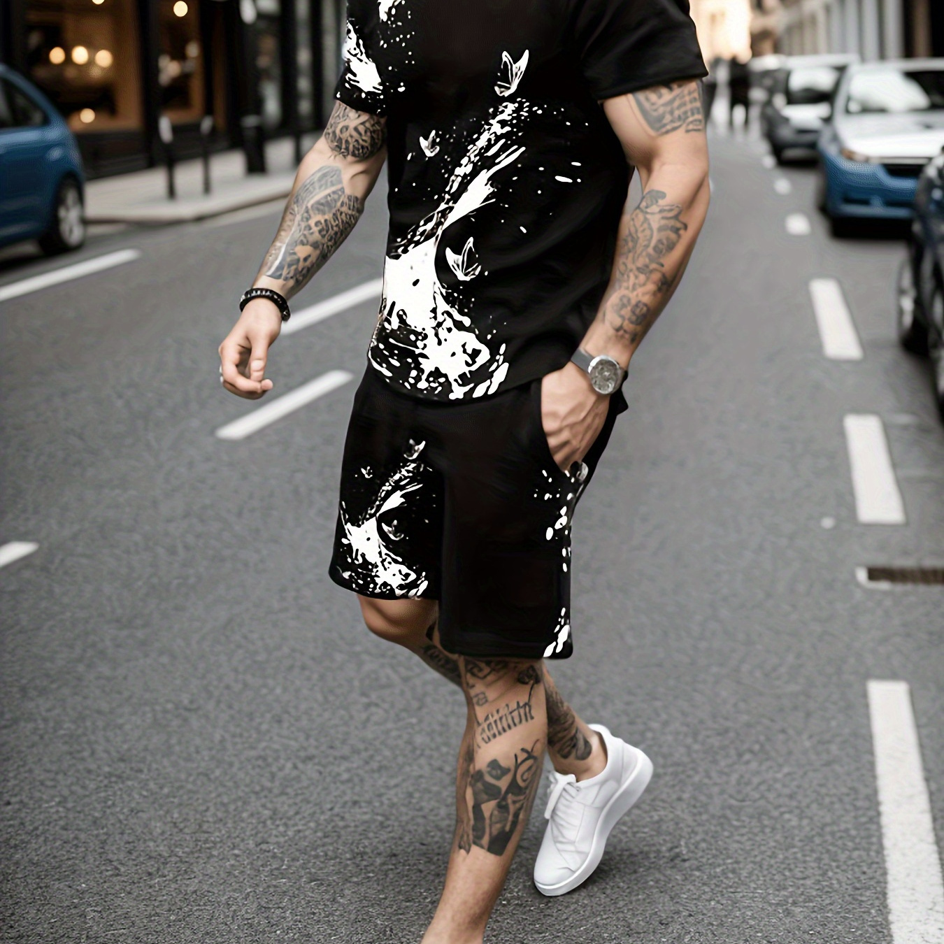 

Plus Size Men's Ink Pattern Graphic Print T Shirt Shorts Set For Summer, Trendy 2pcs Outfits For Big & Tall Males