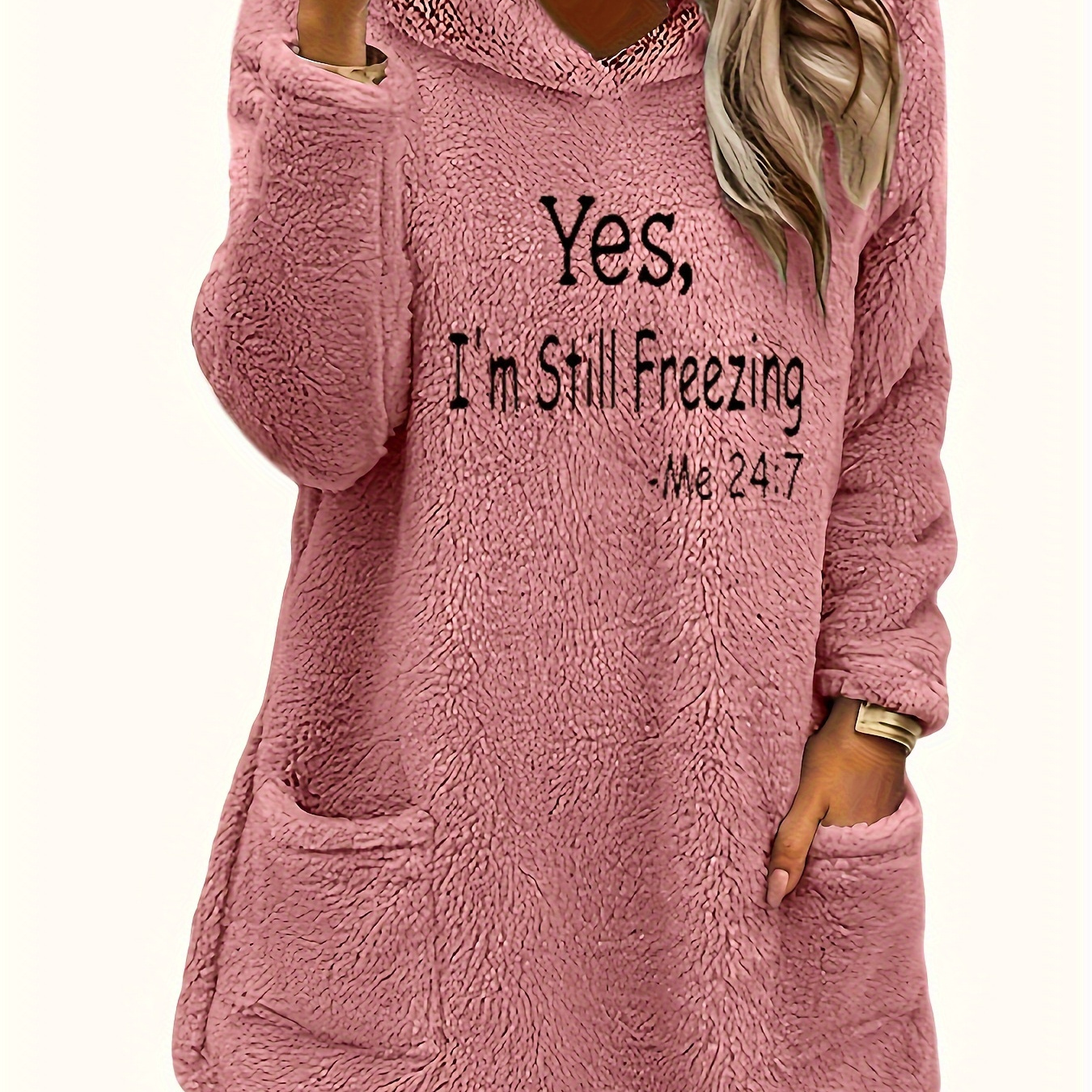 

[popular ] Women's Monogrammed Dual-sided Plush Pullover With Pockets, Warm Sports Hoodie For Autumn And Winter, Long Sleeve, Polyester