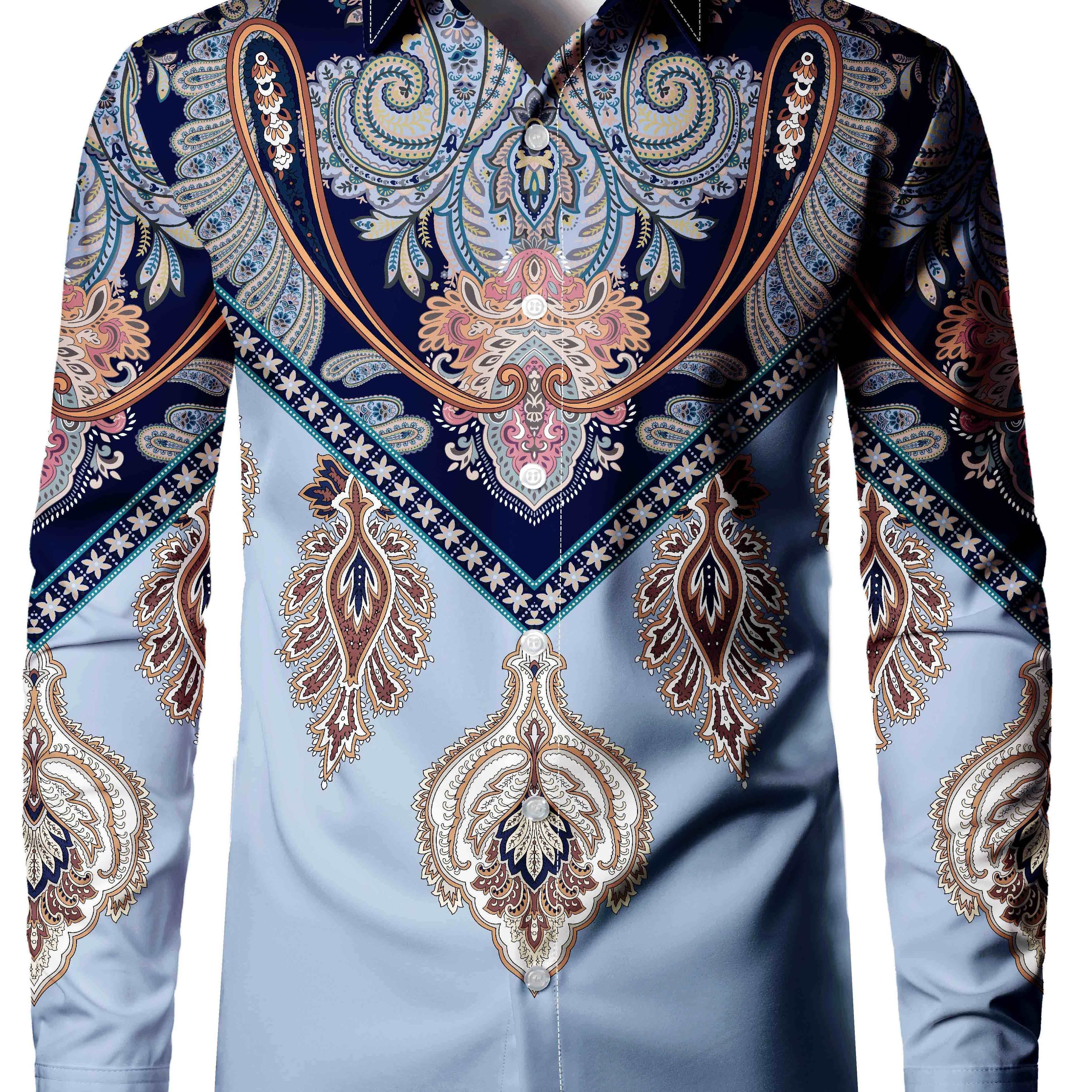 

Men's Paisley Print Gradient Blue Long Sleeve Shirt - Polyester, Button-up, Machine Washable