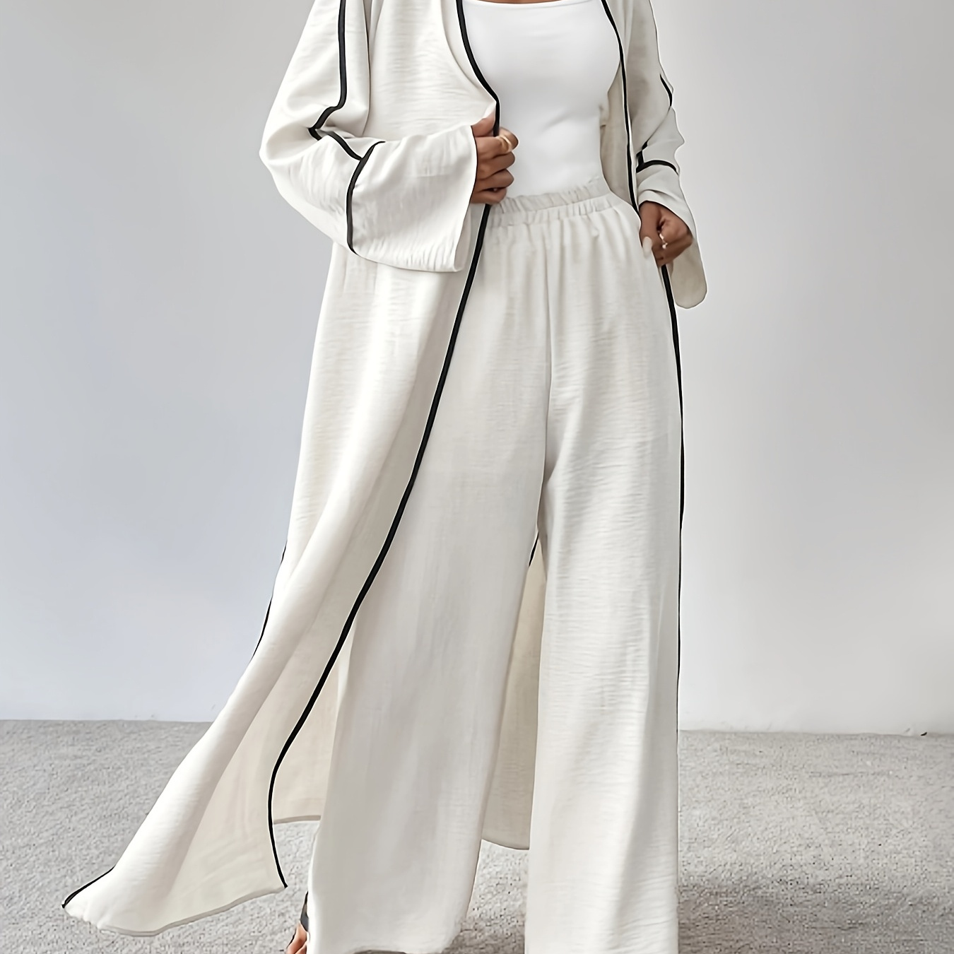 

Elegant Women's Polyester Pantsuit, Solid Color Long Sleeve Outerwear And Trousers Set, Woven Fabric, With Cardigan Collar For All