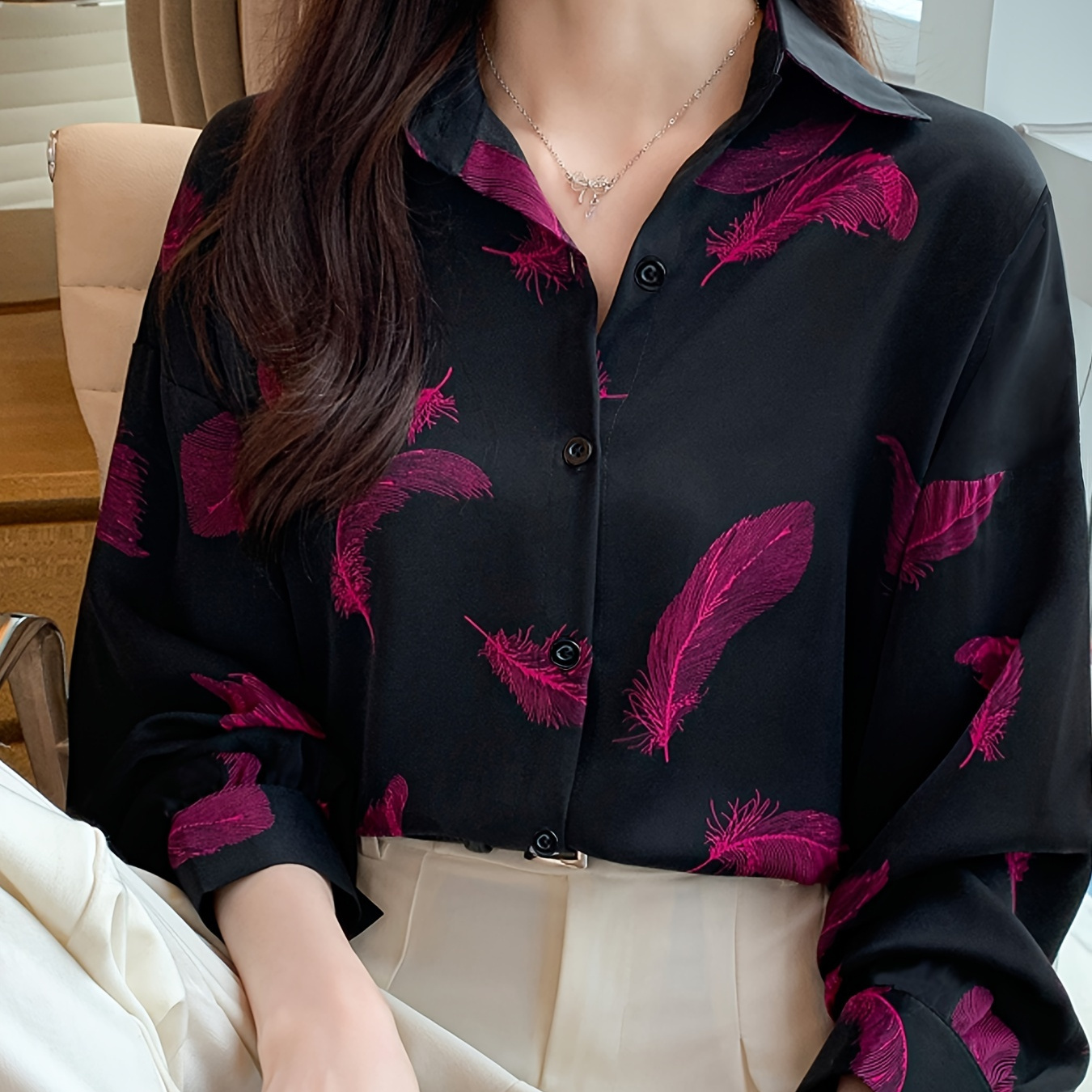 

Vintage Feather Print Long Sleeve Shirt For Women, Spring/fall Loose Fit Lapel Collar Blouse, 95% Polyester 5% Spandex Woven Fabric, 115g/m² - Adult Shirting With Buttons