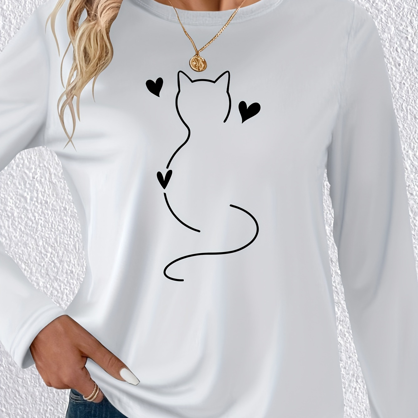 

Cat Print T-shirt, Long Sleeve Crew Neck Casual Top For Spring & Fall, Women's Clothing