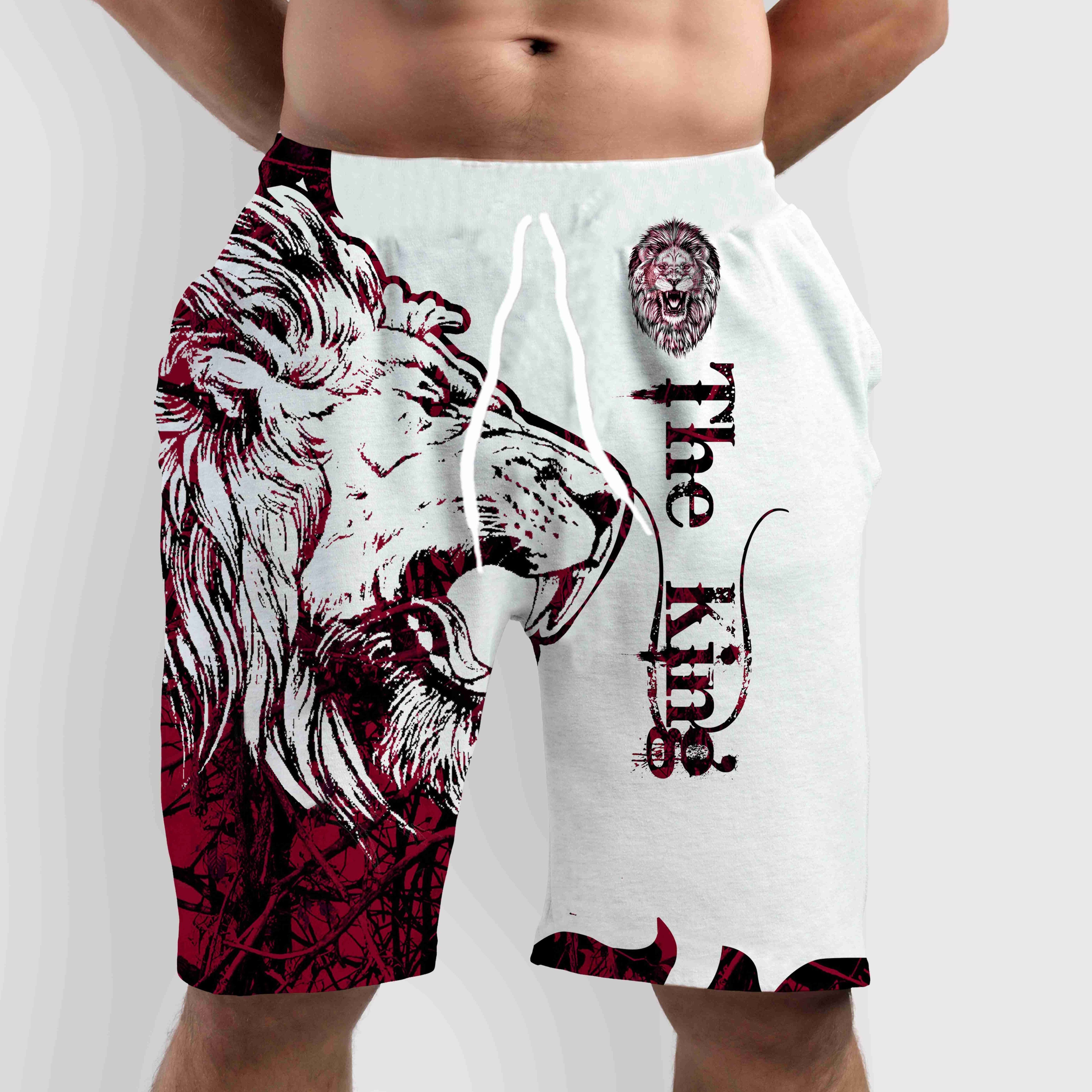 

Men's Comic Style Lion Graphic And Alphabet Print "the King" Shorts With Drawstring And Dual Side Pockets, Casual And Trendy Shorts Perfect For Summer Leisurewear And Outdoors Activities