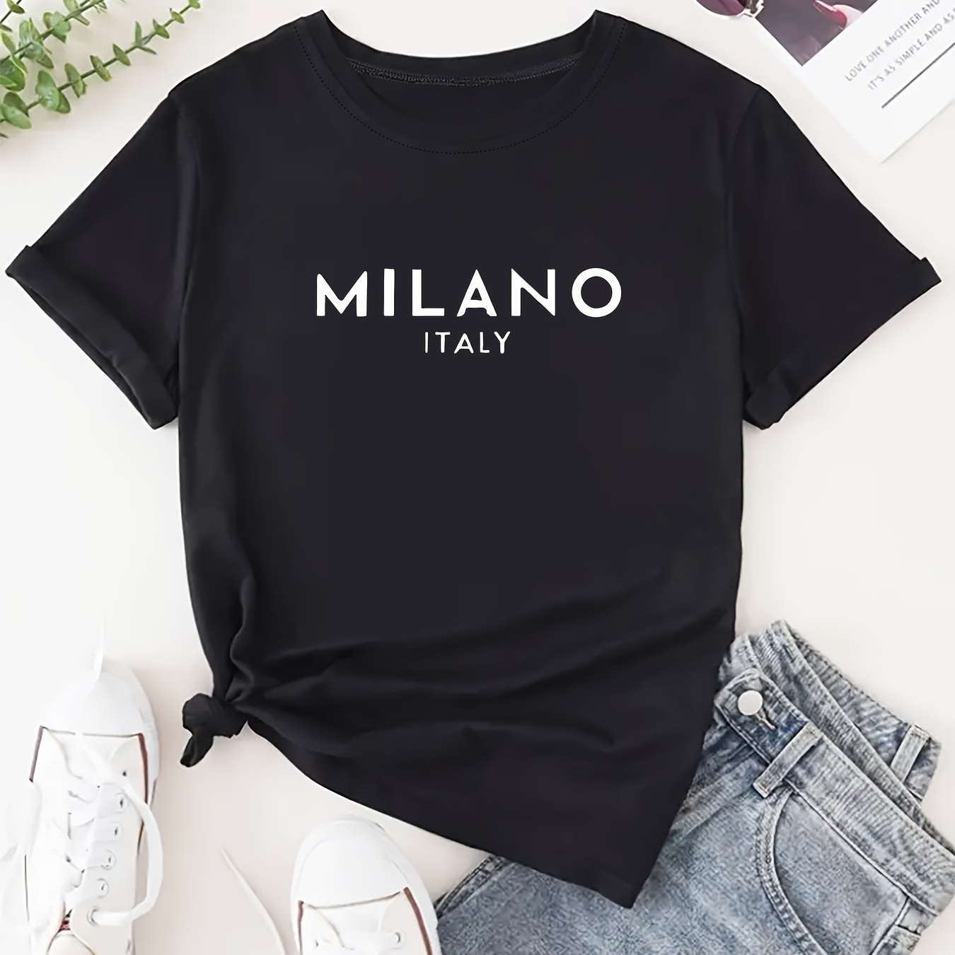 

Plus Size Milano Print T-shirt, Casual Short Sleeve Top For Spring & Summer, Women's Plus Size Clothing