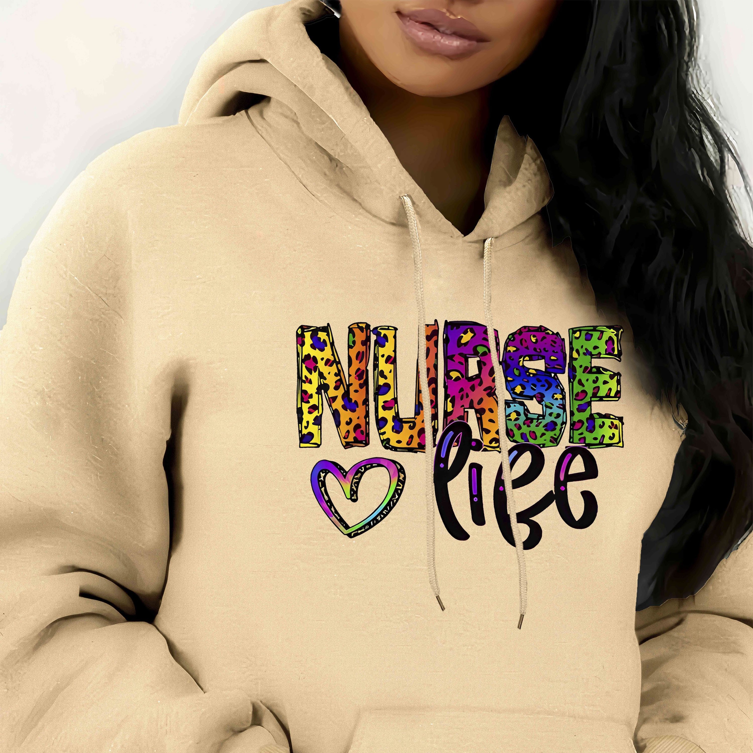 

Women's Casual Nurse Print Hoodie With Kangaroo Pocket - Long Sleeve, Drawstring, Polyester - Machine Washable