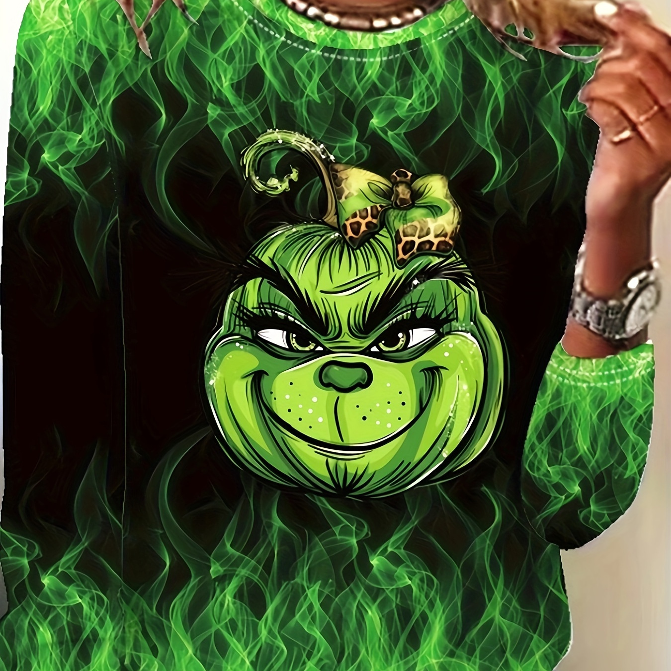 

T-shirt à manches longues pour femmes à thème d', haut en polyester élasthané tricoté mignon avec étirement moyen, coupe régulière avec impression de personnage vert souriant pour le printemps/automne