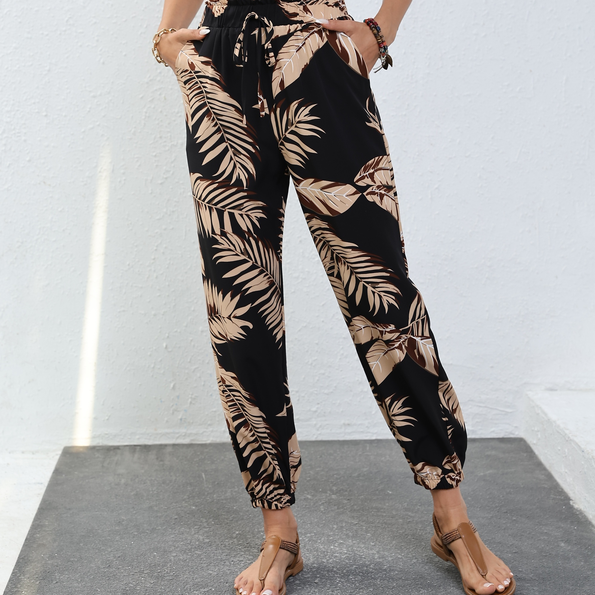 

Plant Print Loose Jogger Pants, Vacation Tied High Waist Pants For Spring & Summer, Women's Clothing