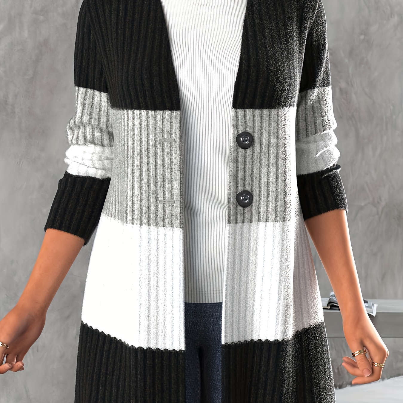 

Colorblock Button Front Knitted Cardigan, Casual Long Sleeve Cardigan For Fall & Winter, Women's Clothing