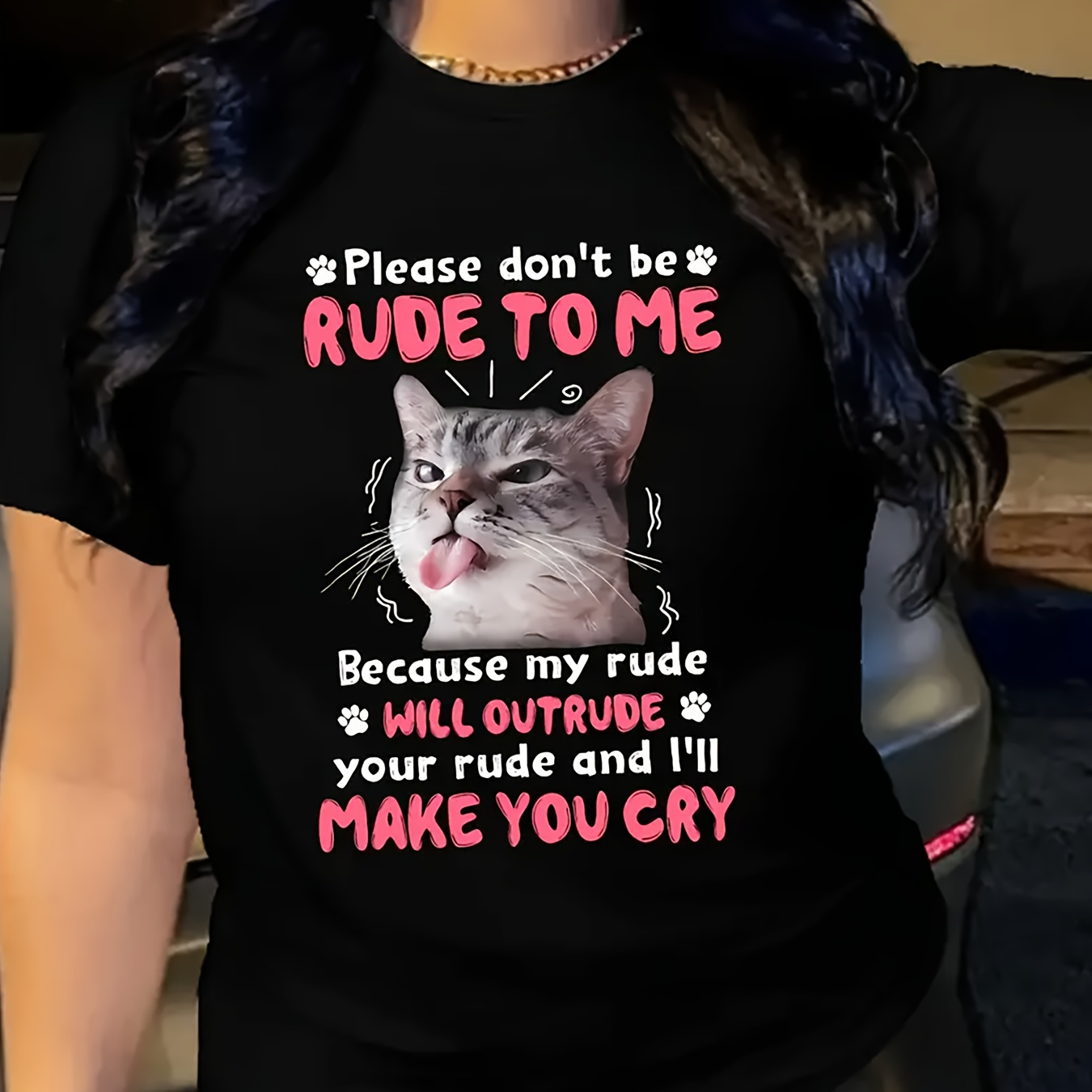 

Cat Print T-shirt, Short Sleeve Crew Neck Casual Top For Summer & Spring, Women's Clothing