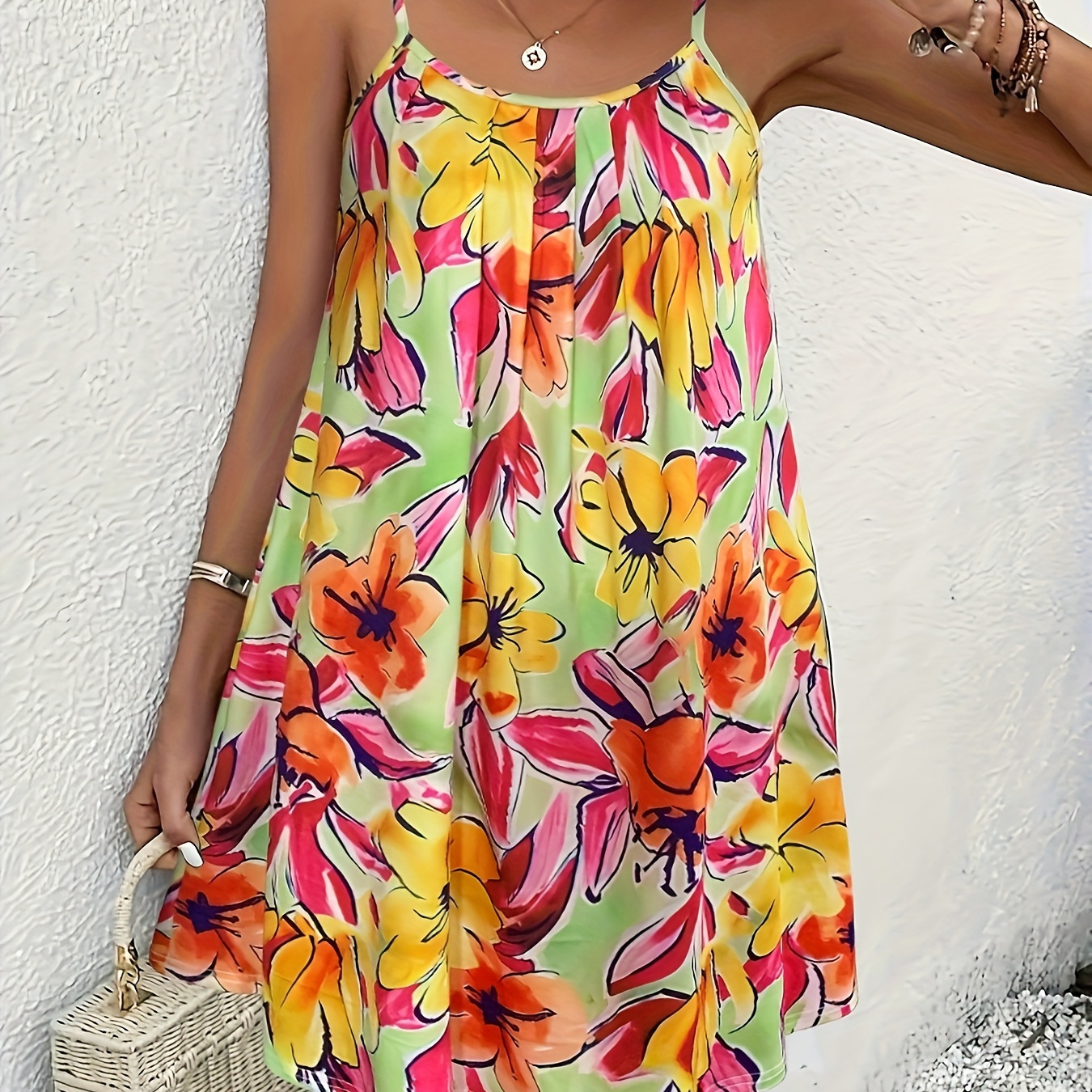 

Tropical Plants Print Backless Cami Dress, Vacation Sleeveless Pleated Detail Crew Neck Dress, Women's Clothing
