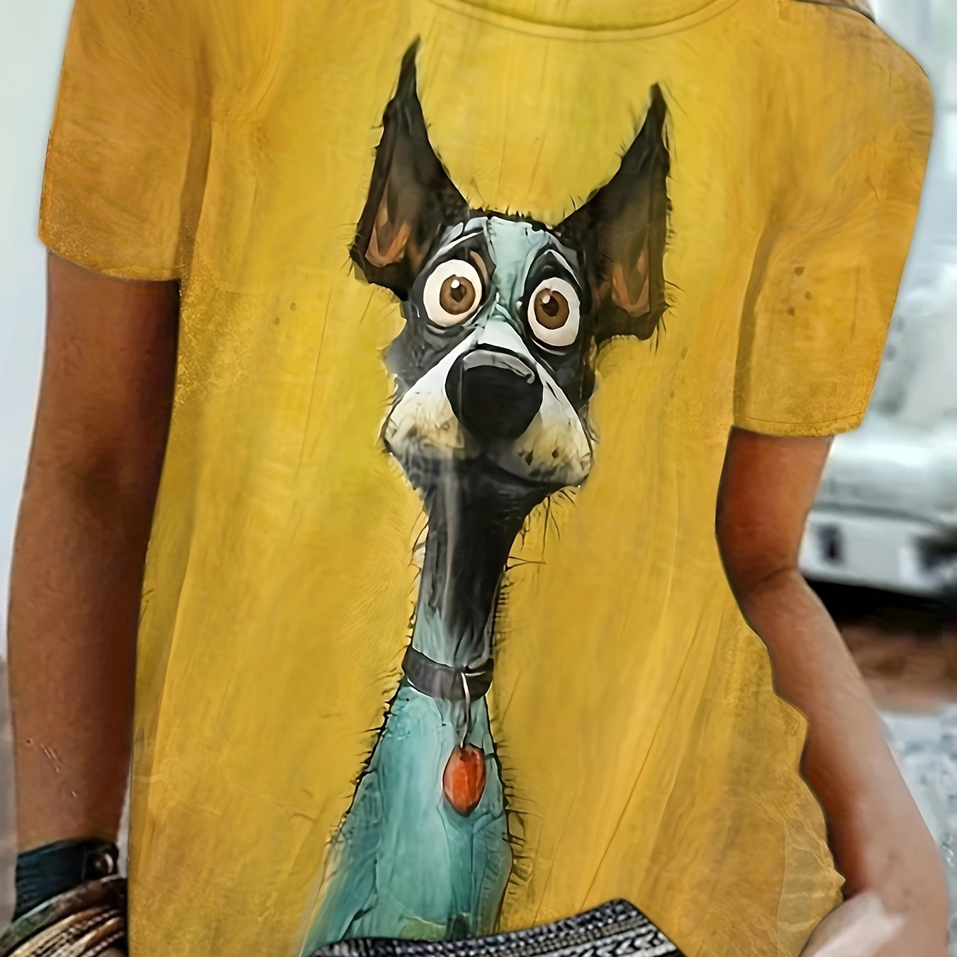 

T-shirt À Col Rond Avec Impression Graphique De Chien, T-shirt Tricoté À Manches Courtes Décontracté Pour Le Printemps Et L'été, Vêtements Pour Femmes