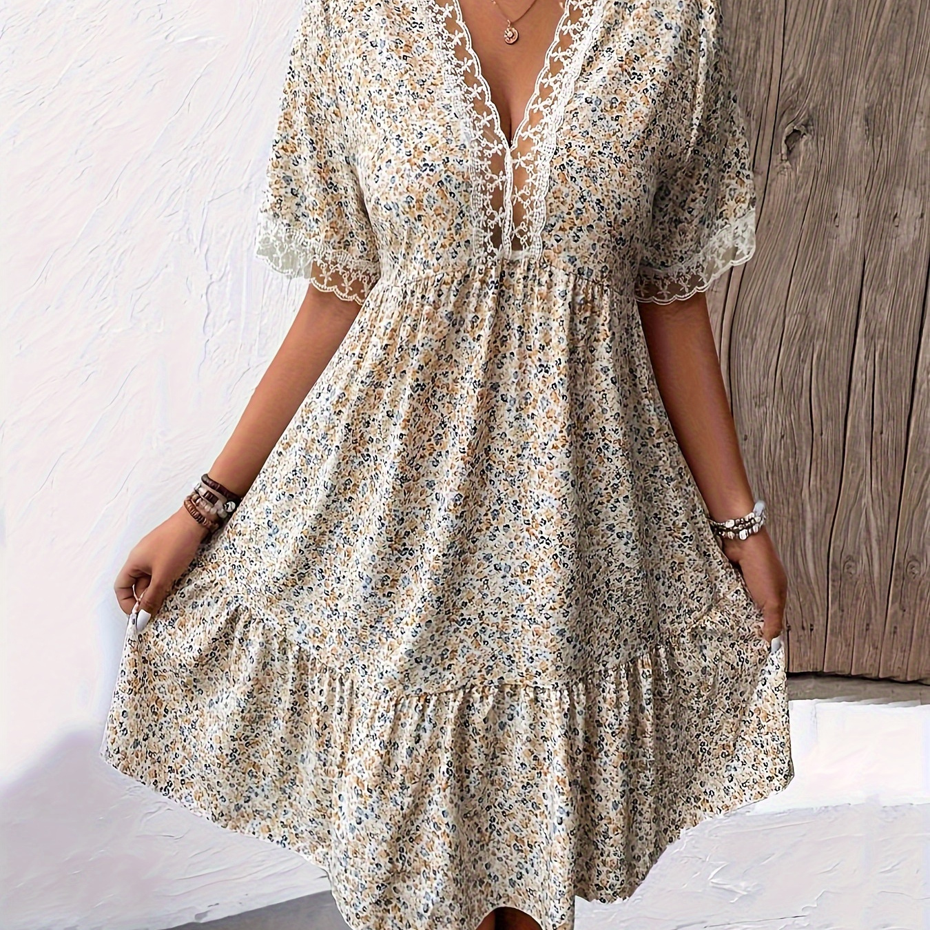 

Floral Print Lace Splicing V-neck Dress, Elegant Ruffle Hem Aline Loose Dress For Spring & Summer, Women's Clothing