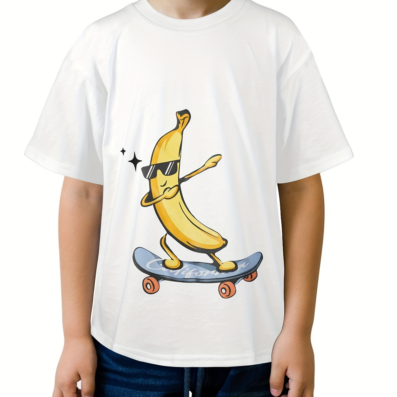 

Boy's Pure Cotton Summer Casual Comfy T-shirt - Cartoon Banana Skateboard Graphic Short Sleeve Crew Neck Tee Creative Gift