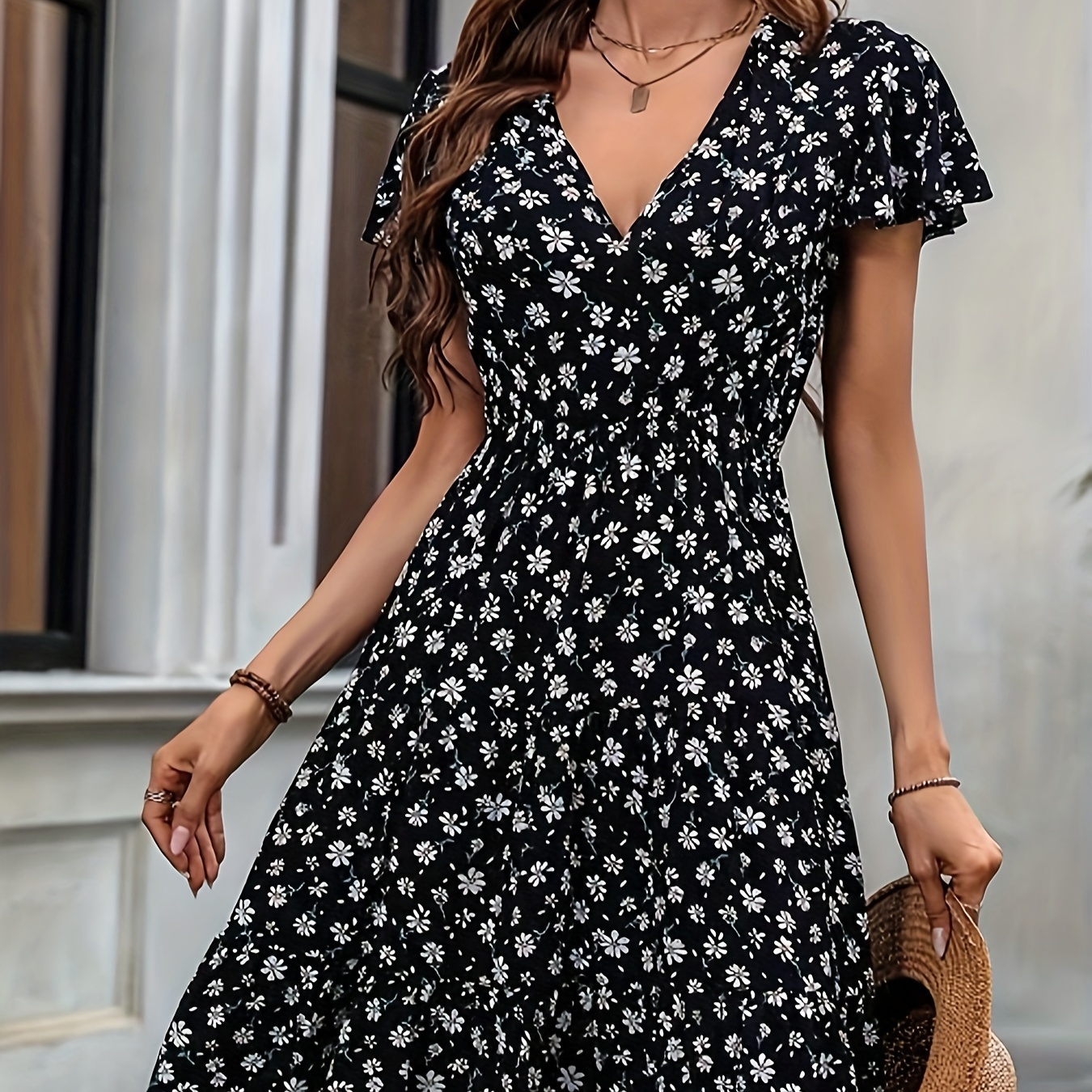 

Floral Print V-neck Dress, Casual Ruffle Sleeve Dress For Spring & Summer, Women's Clothing