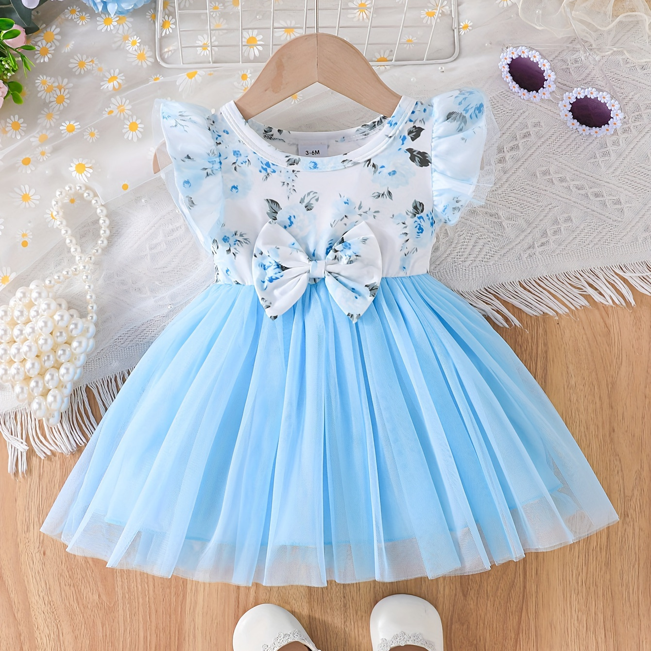 

Baby Girls Ruffle Trim Floral Print Round Neck Bow Mesh Double Layer Dress For Summer